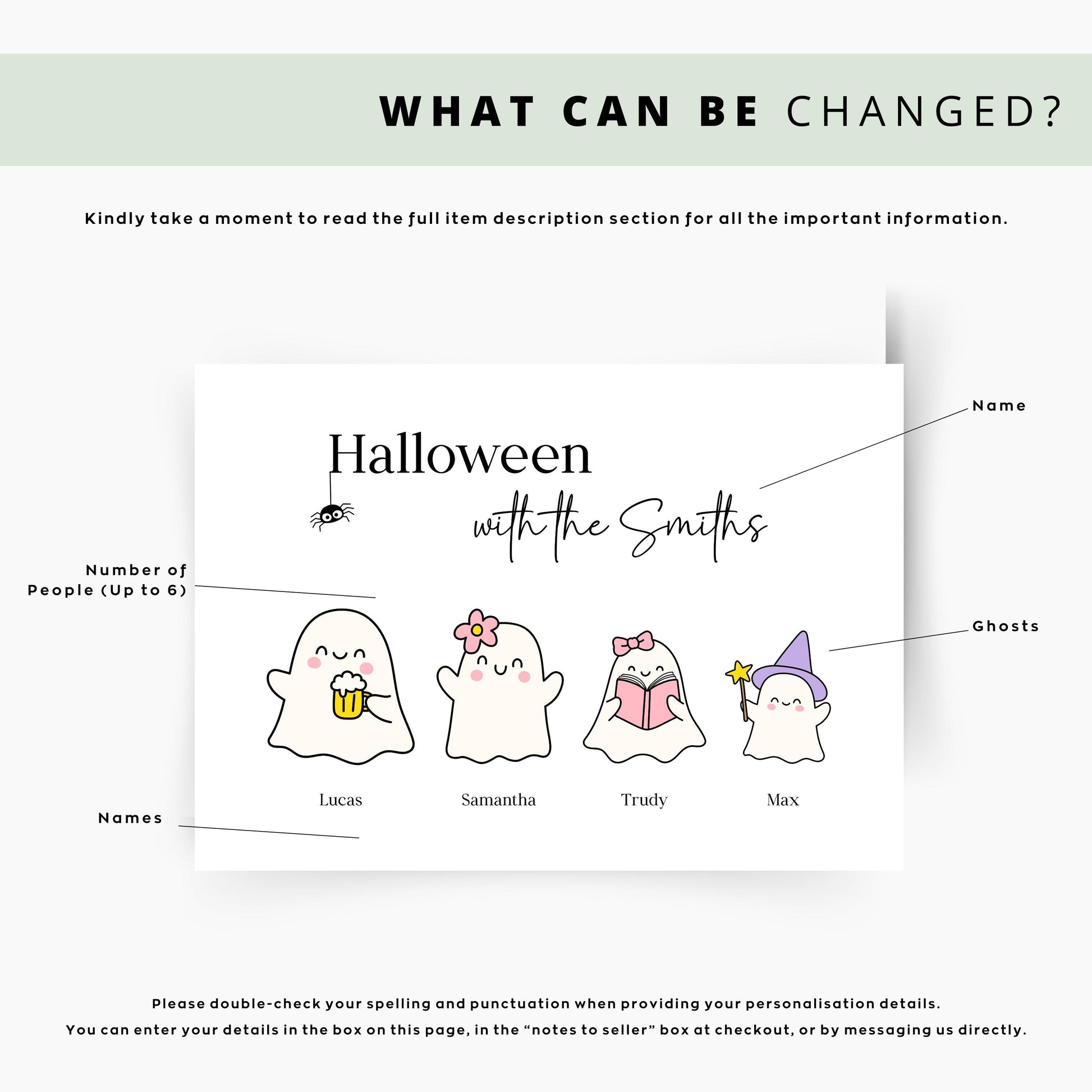 Personalised Halloween print with four cute ghost characters named Lucas, Samantha, Trudy, and Max, framed on a spooky decorated mantle.