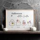 Personalised Halloween print with four cute ghost characters named Lucas, Samantha, Trudy, and Max, framed on a spooky decorated mantle.
