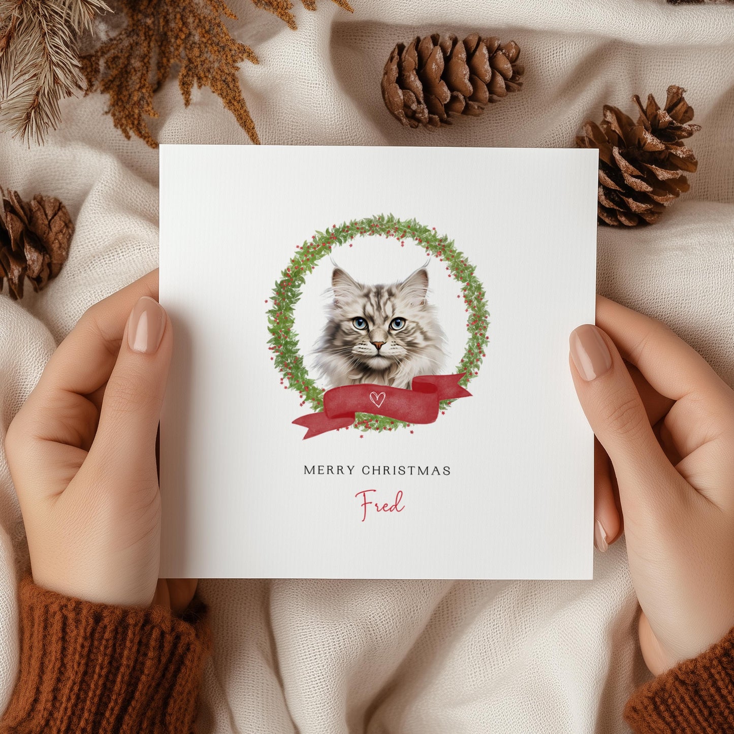Personalised Ragamuffin cat Christmas card with festive wreath design. Ideal holiday card for Cat Mum, Cat Dad, or a cat sitter.