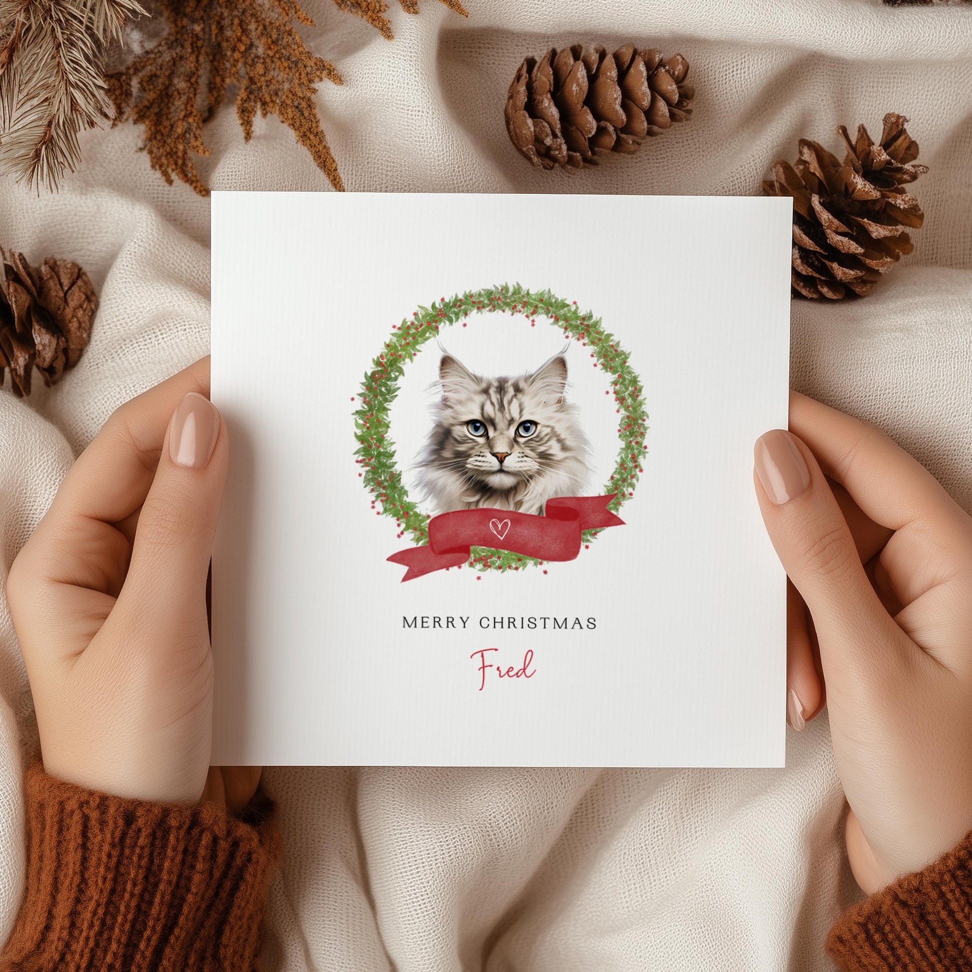 Personalised Ragamuffin cat Christmas card with festive wreath design. Ideal holiday card for Cat Mum, Cat Dad, or a cat sitter.