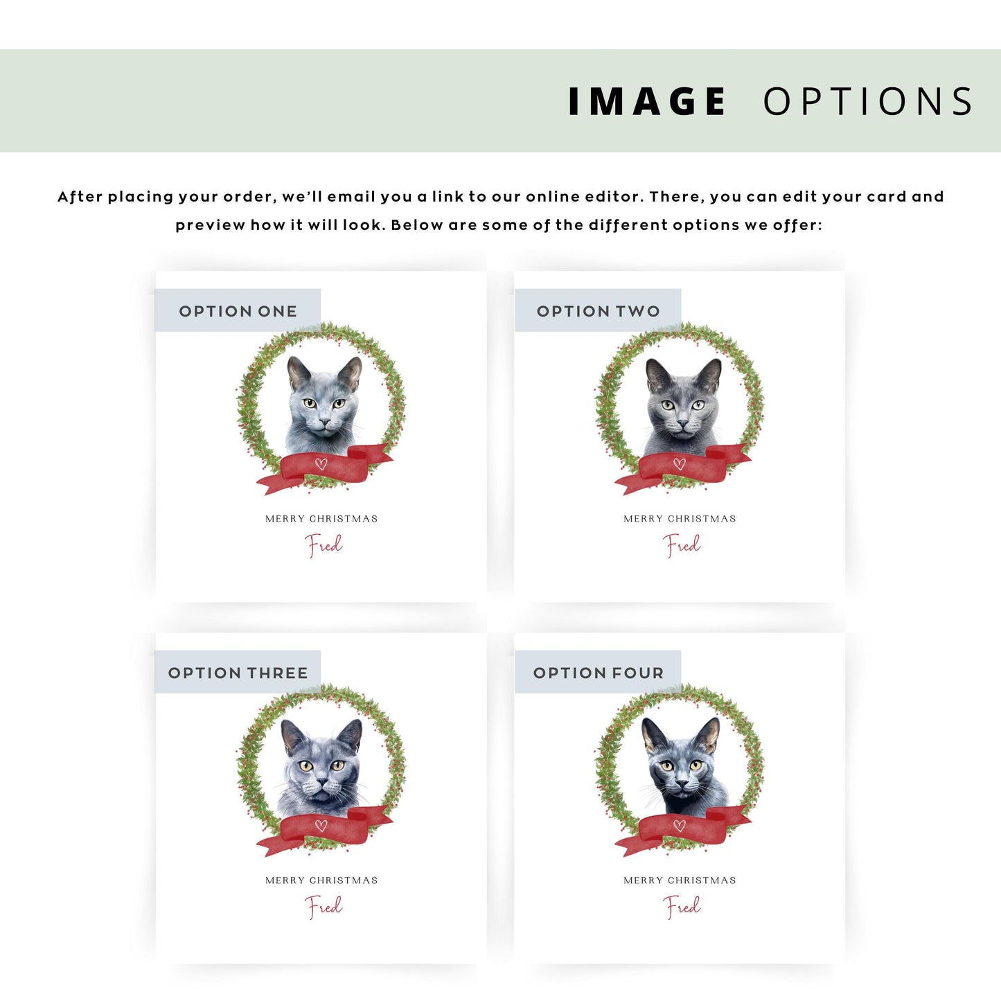 Personalised Russian Blue cat Christmas card with festive wreath design. Ideal holiday card for Cat Mum, Cat Dad, or a cat sitter.