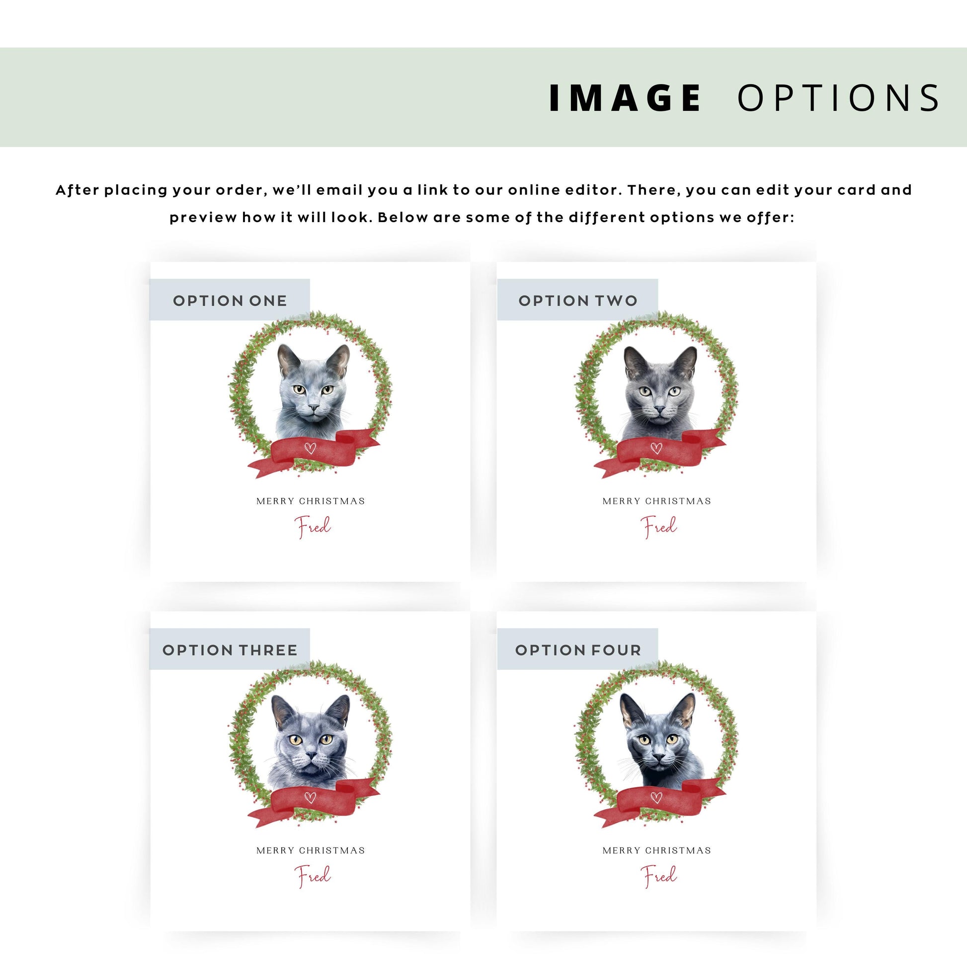 Personalised Russian Blue cat Christmas card with festive wreath design. Ideal holiday card for Cat Mum, Cat Dad, or a cat sitter.