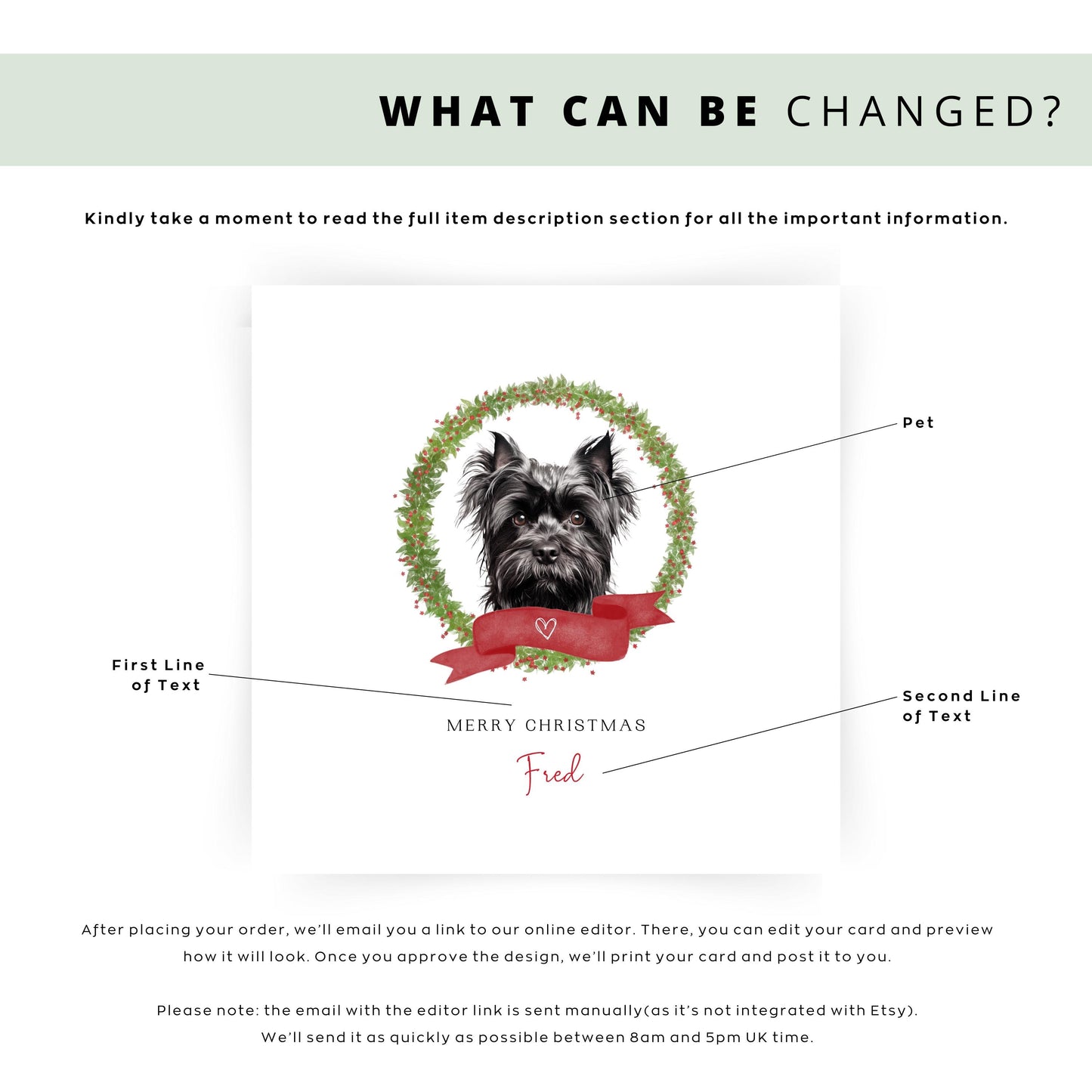 Personalised Affenpinscher dog Christmas card with festive wreath, red ribbon, and custom name—perfect for Dog Mum, Dog Dad, or pet lovers.