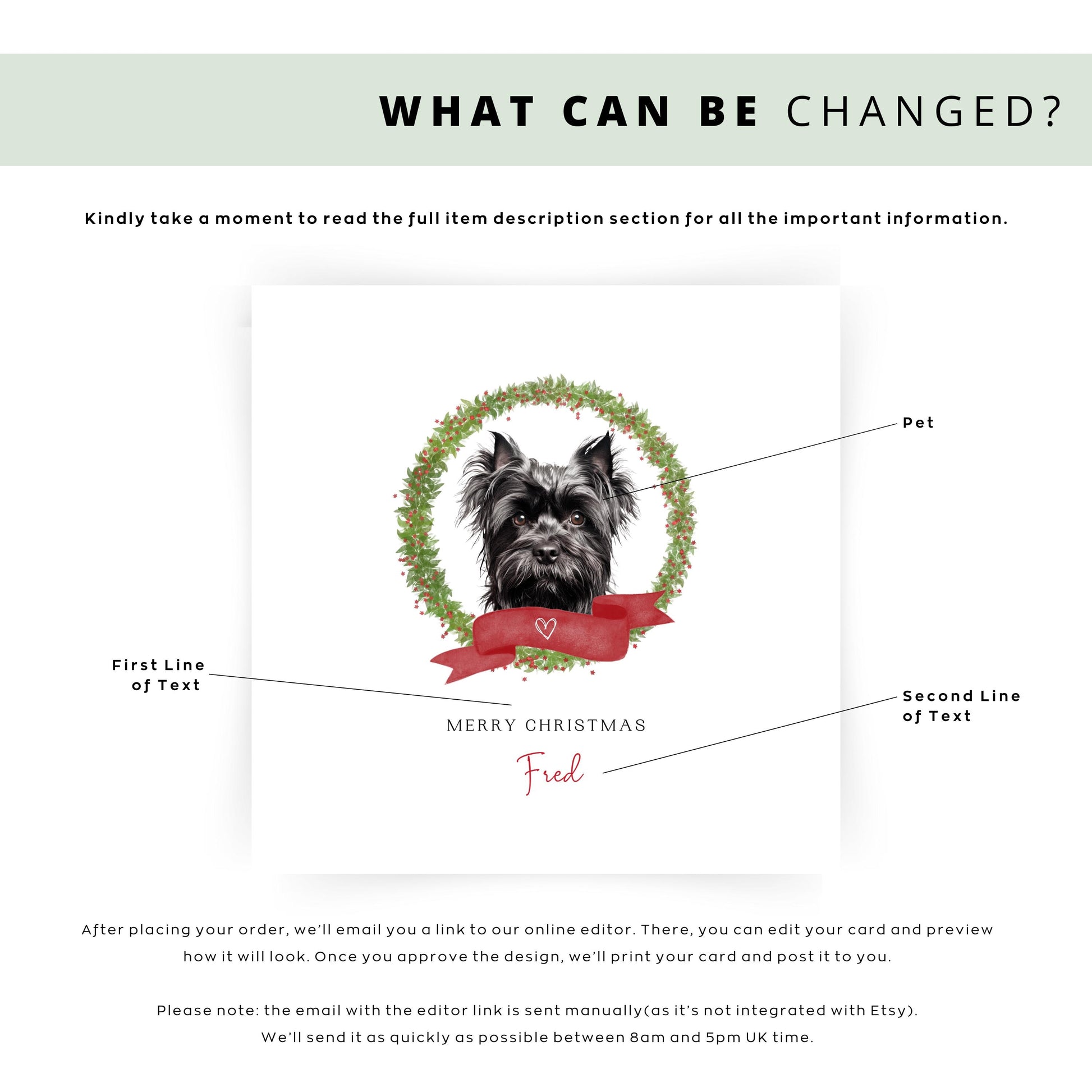 Personalised Affenpinscher dog Christmas card with festive wreath, red ribbon, and custom name—perfect for Dog Mum, Dog Dad, or pet lovers.