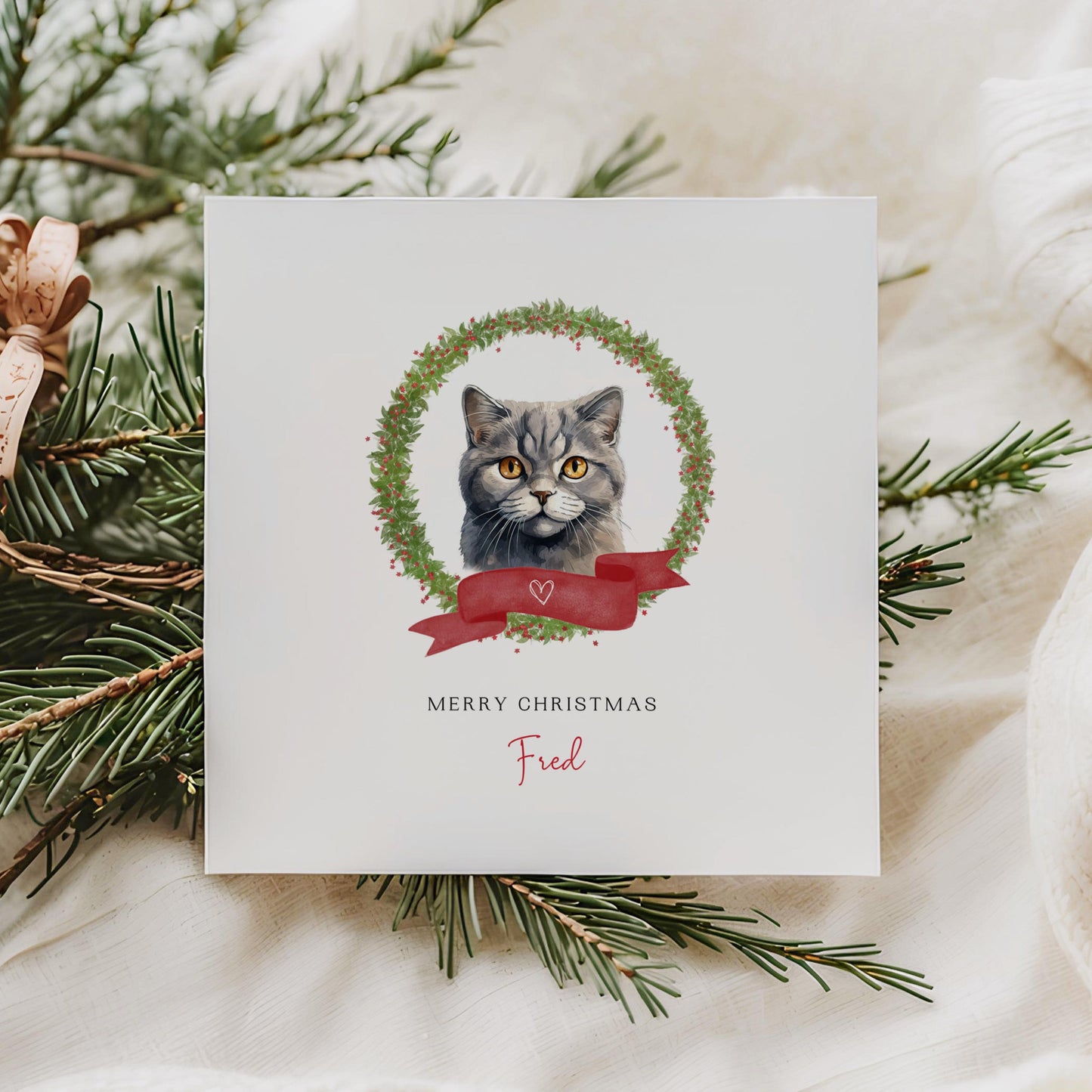 Personalised Scottish Fold cat Christmas card with festive wreath design. Ideal holiday card for Cat Mum, Cat Dad, or a cat sitter.