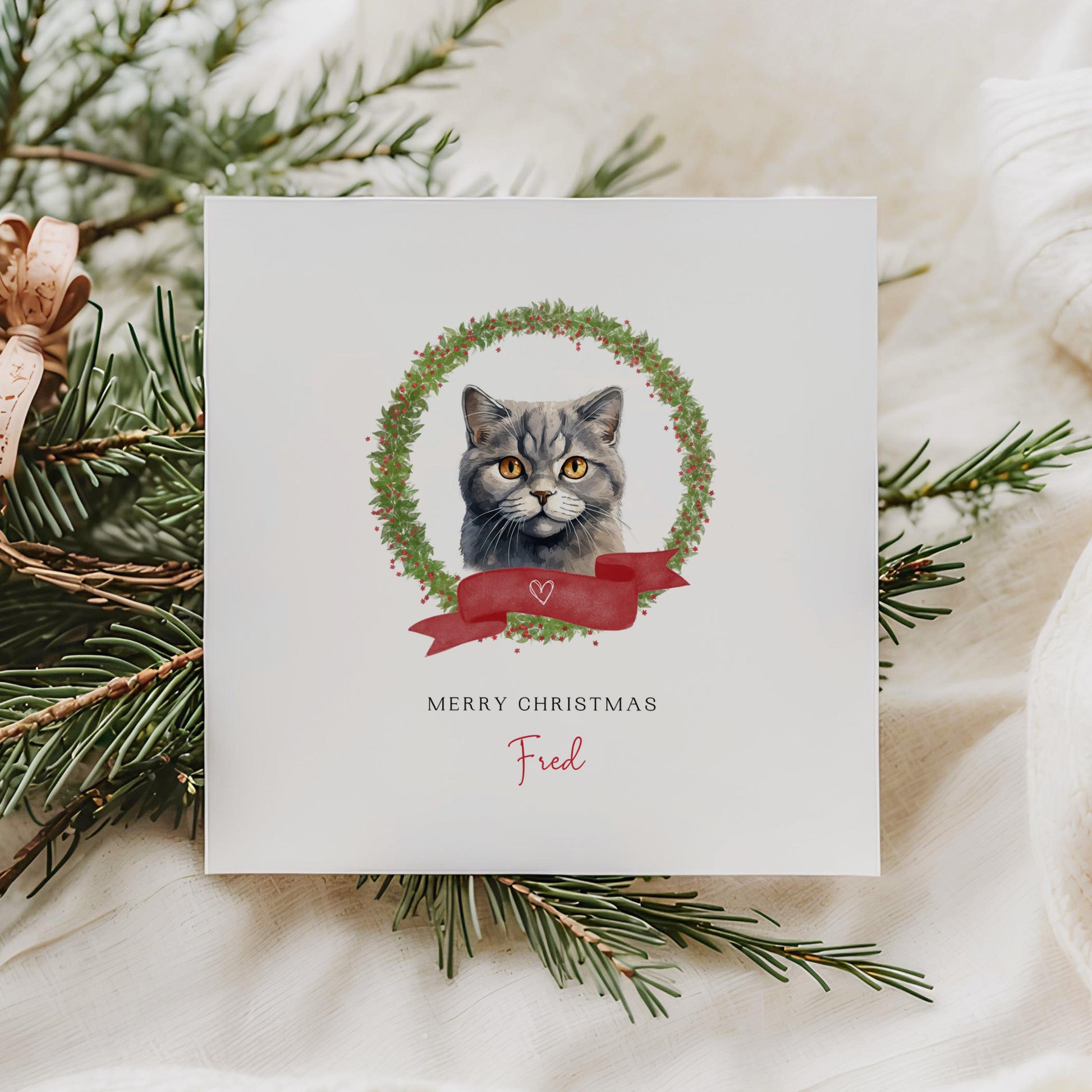 Personalised Scottish Fold cat Christmas card with festive wreath design. Ideal holiday card for Cat Mum, Cat Dad, or a cat sitter.