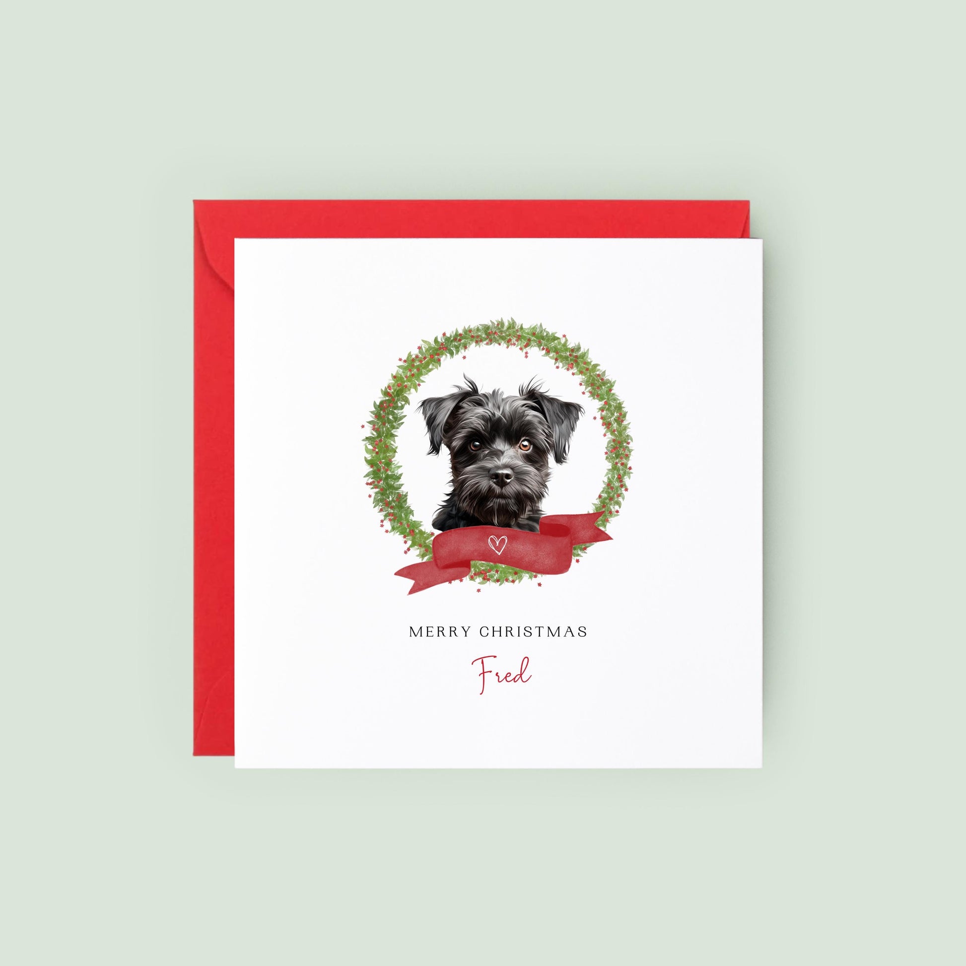 Personalised Affenpinscher dog Christmas card with festive wreath, red ribbon, and custom name—perfect for Dog Mum, Dog Dad, or pet lovers.