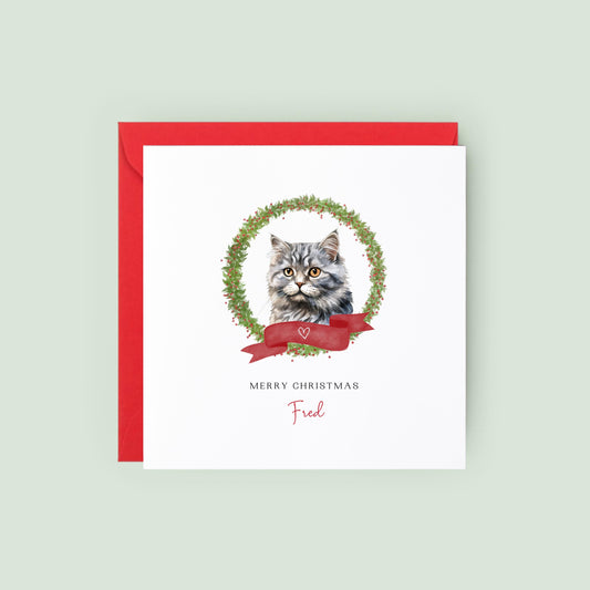 Personalised Selkirk Rex cat Christmas card with festive wreath design. Ideal holiday card for Cat Mum, Cat Dad, or a cat sitter.