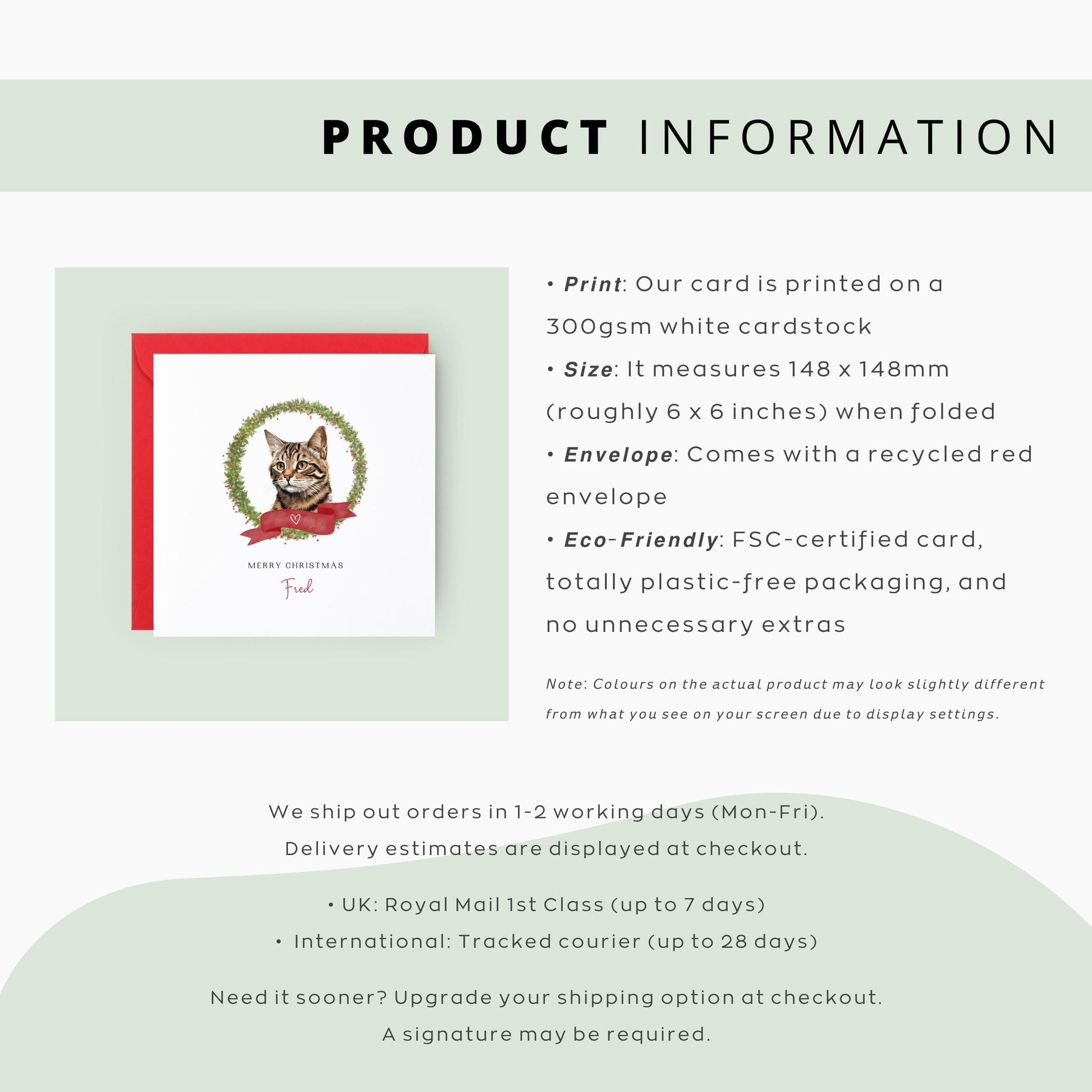 Personalised Serengeti cat Christmas card with festive wreath design. Ideal holiday card for Cat Mum, Cat Dad, or a cat sitter.