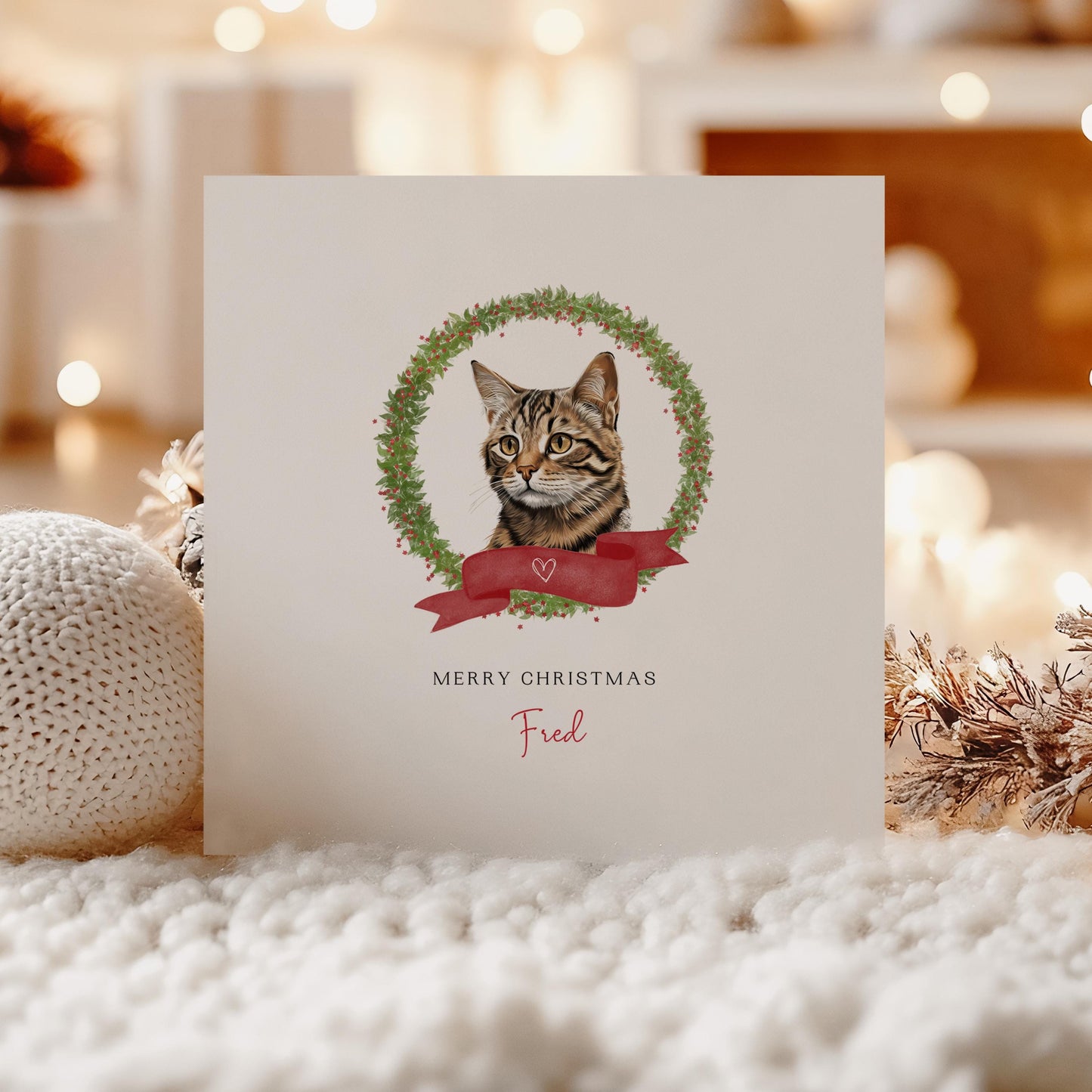Personalised Serengeti cat Christmas card with festive wreath design. Ideal holiday card for Cat Mum, Cat Dad, or a cat sitter.