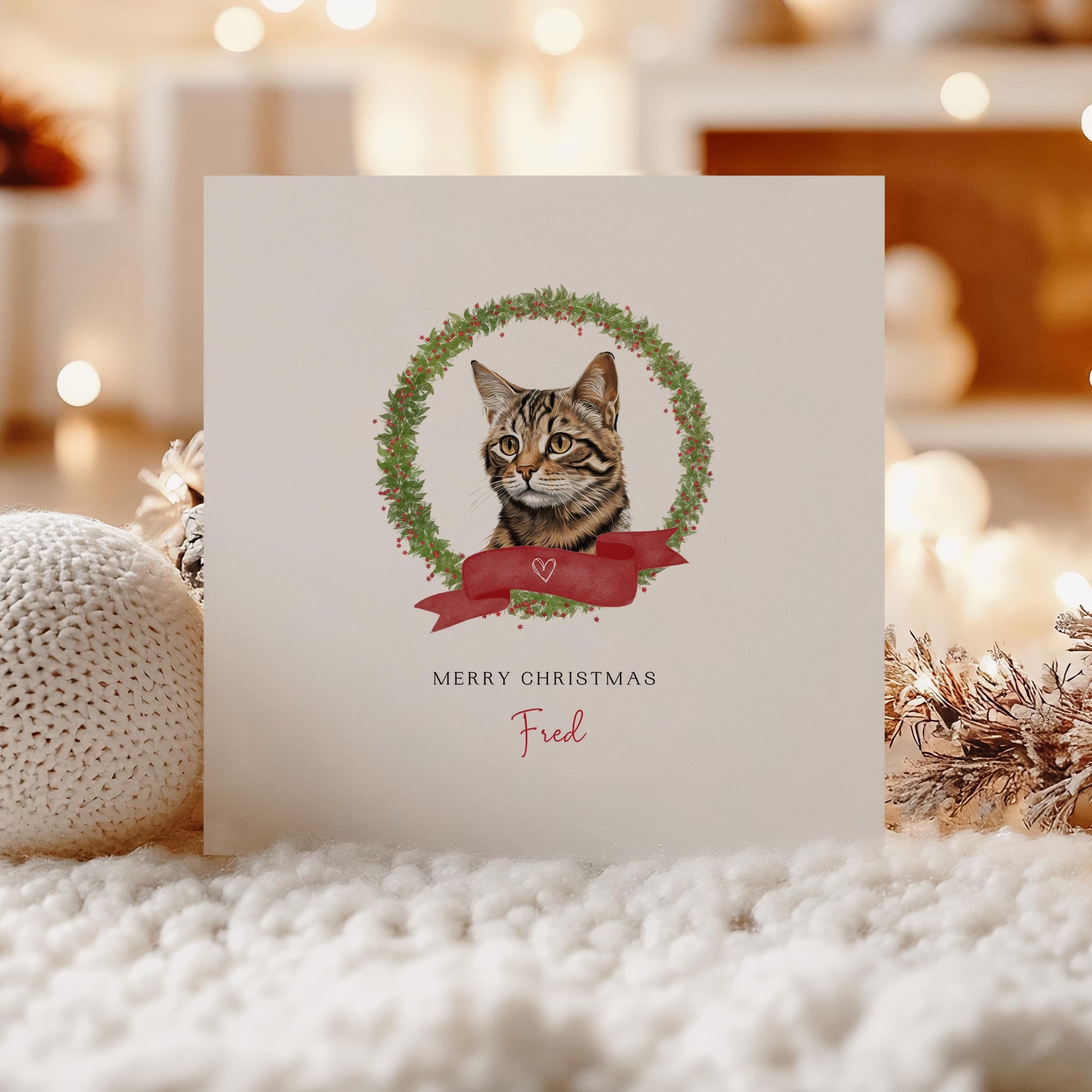 Personalised Serengeti cat Christmas card with festive wreath design. Ideal holiday card for Cat Mum, Cat Dad, or a cat sitter.