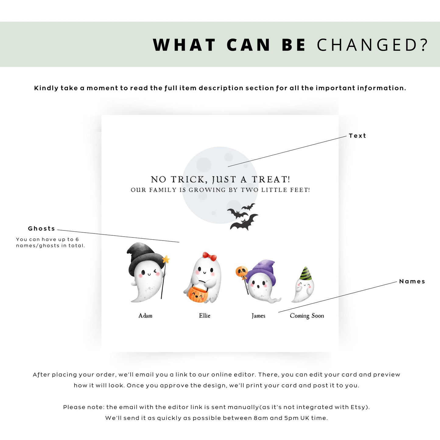 Personalised Halloween pregnancy announcement card featuring ghost family with names and “Coming Soon” baby, ideal for spooky baby reveals in autumn.