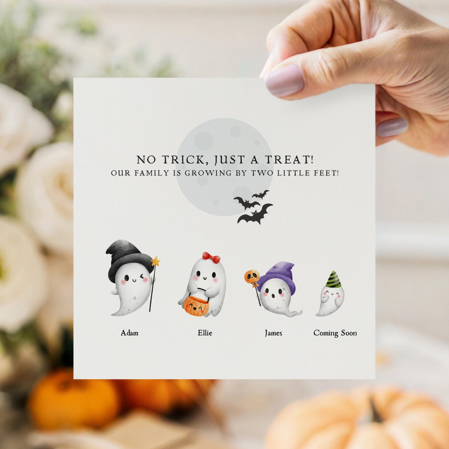 Personalised Halloween pregnancy announcement card featuring ghost family with names and “Coming Soon” baby, ideal for spooky baby reveals in autumn.