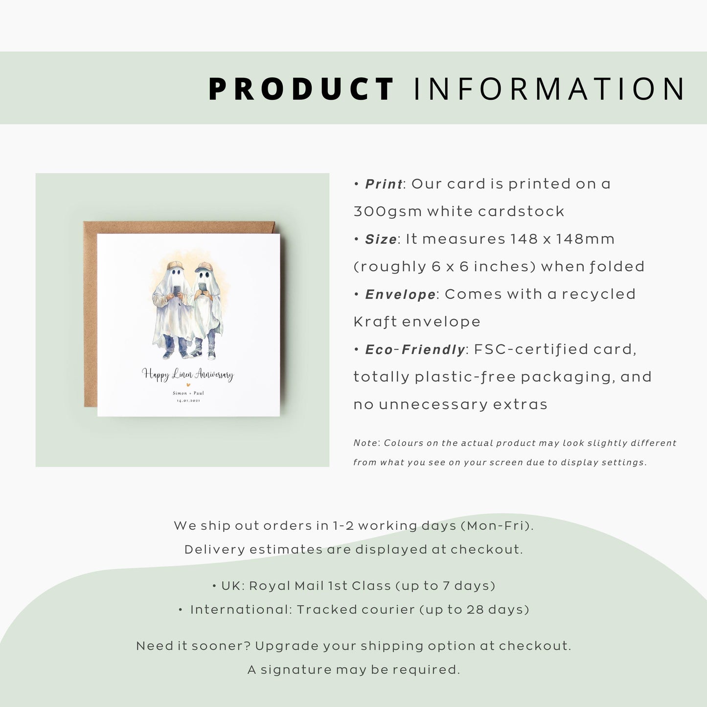 Personalised linen anniversary card featuring two male ghosts holding phones in a humorous Halloween-style design, with names and anniversary date.