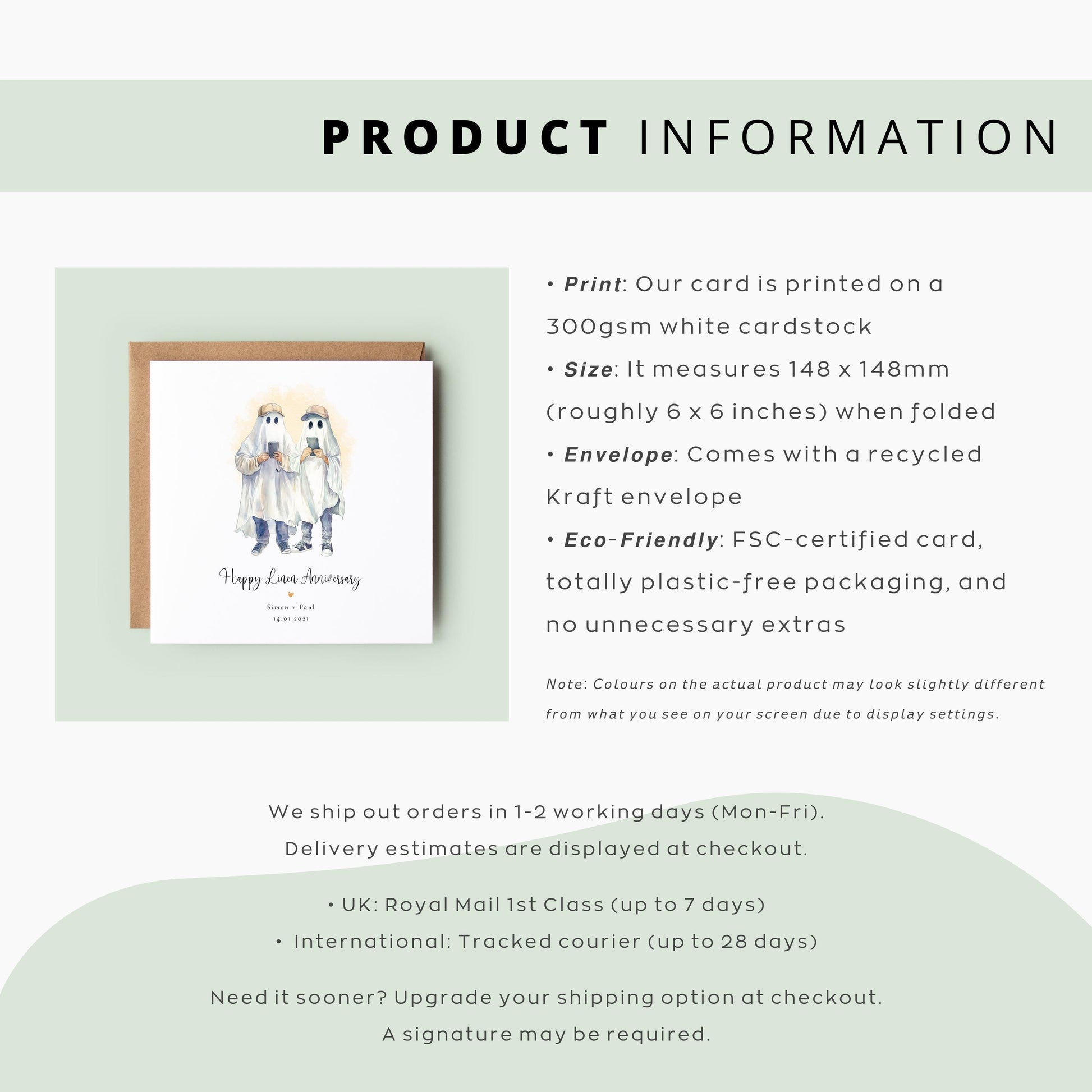 Personalised linen anniversary card featuring two male ghosts holding phones in a humorous Halloween-style design, with names and anniversary date.