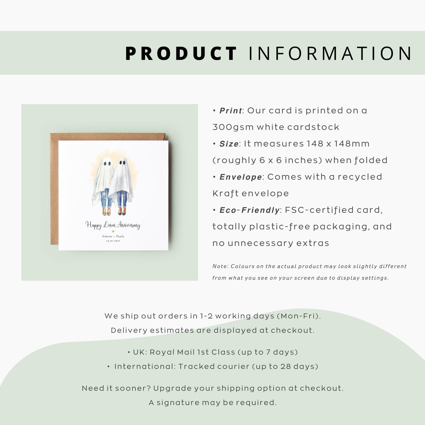 Personalised lesbian linen anniversary card featuring two women dressed as ghosts in a cute Halloween watercolour style, with names and wedding date.