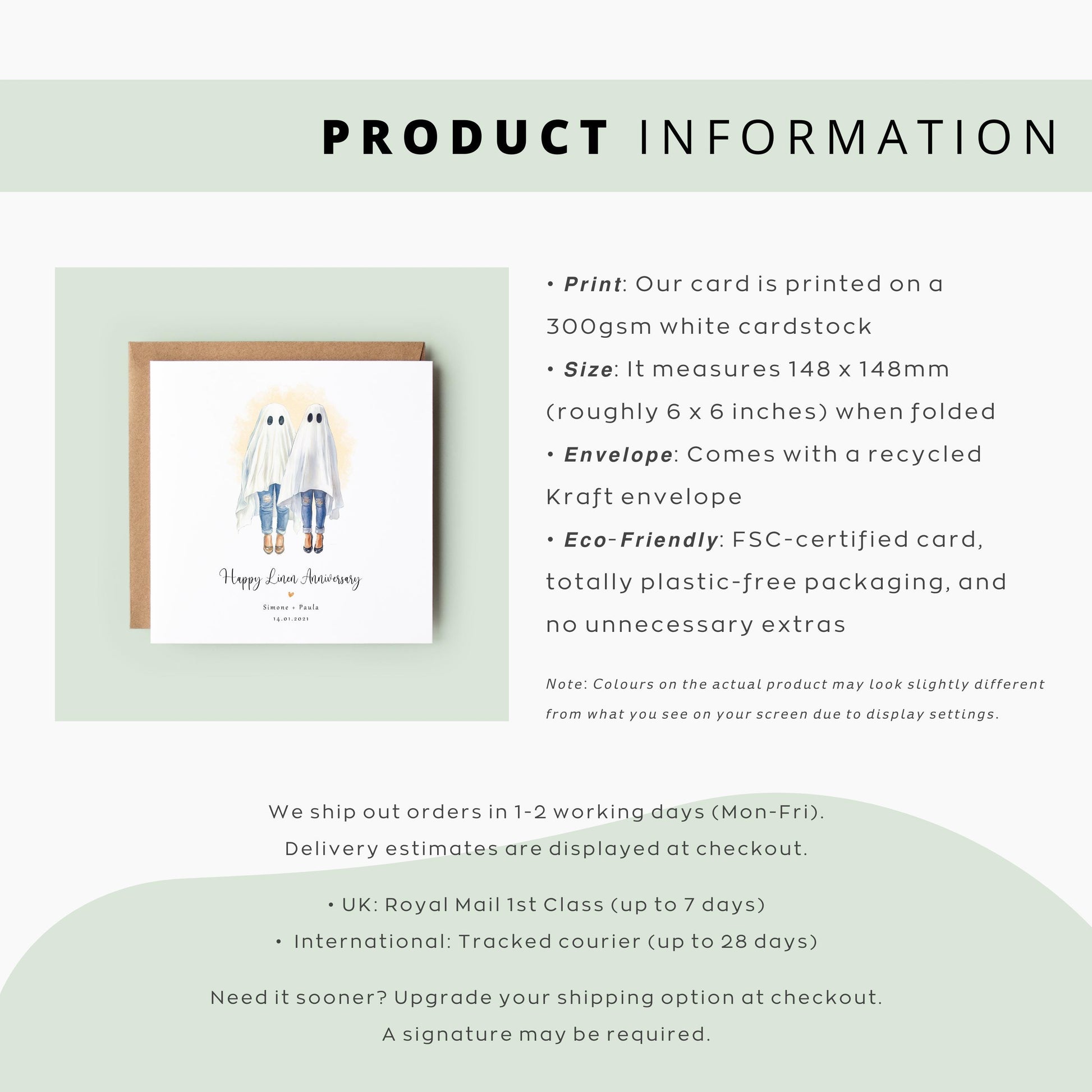 Personalised lesbian linen anniversary card featuring two women dressed as ghosts in a cute Halloween watercolour style, with names and wedding date.