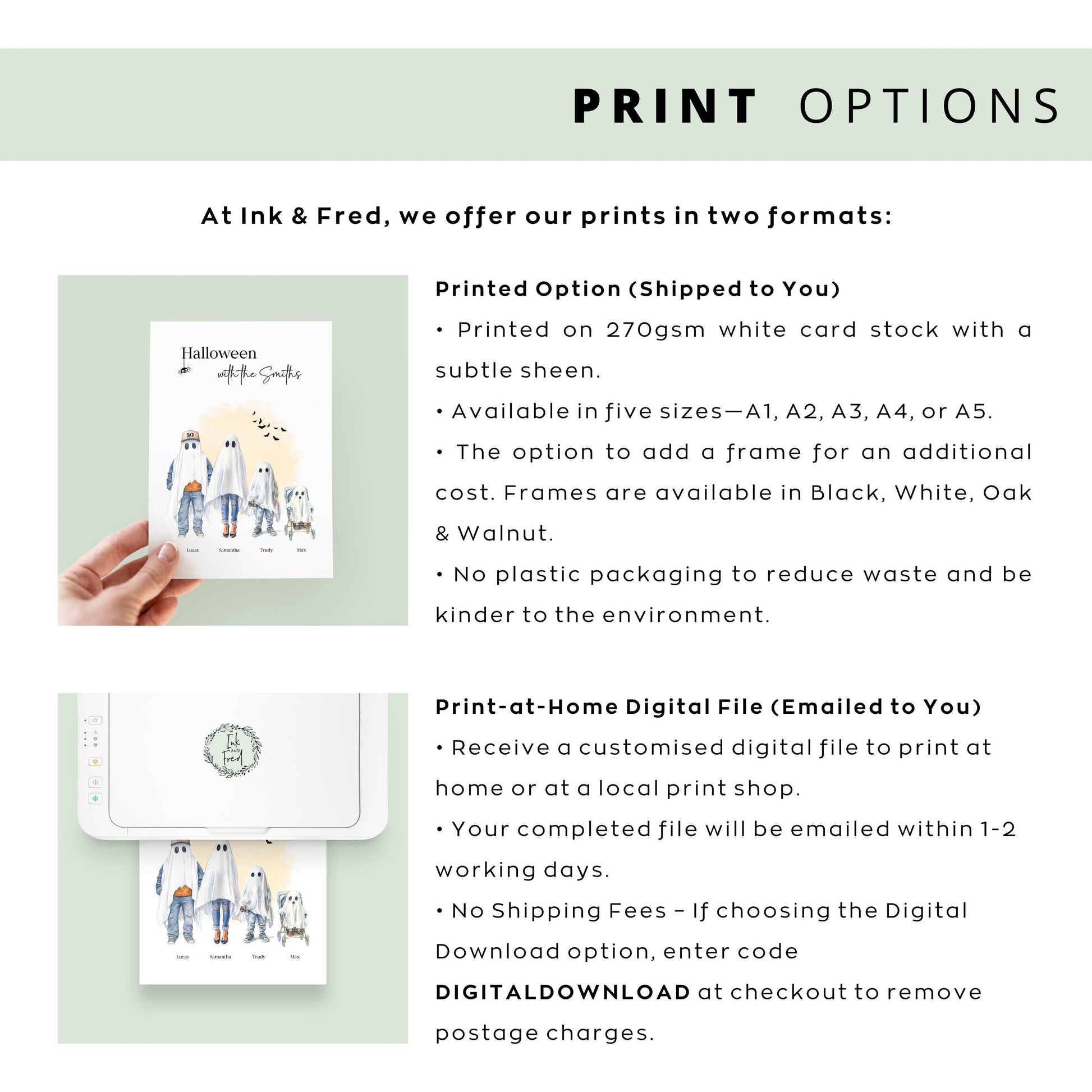 Personalised Halloween family print with four ghost characters, each labelled with a name, in a spooky watercolour style. Features parents, child, and baby in pram, perfect for autumn home décor.