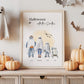 Personalised Halloween family print with four ghost characters, each labelled with a name, in a spooky watercolour style. Features parents, child, and baby in pram, perfect for autumn home décor.