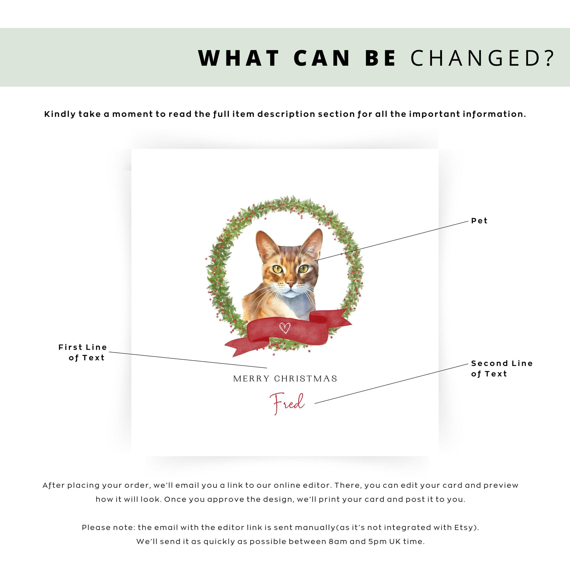 Personalised Abyssinian cat Christmas card featuring a watercolour cat illustration inside a festive wreath with a red ribbon, text reads “Merry Christmas Fred”.