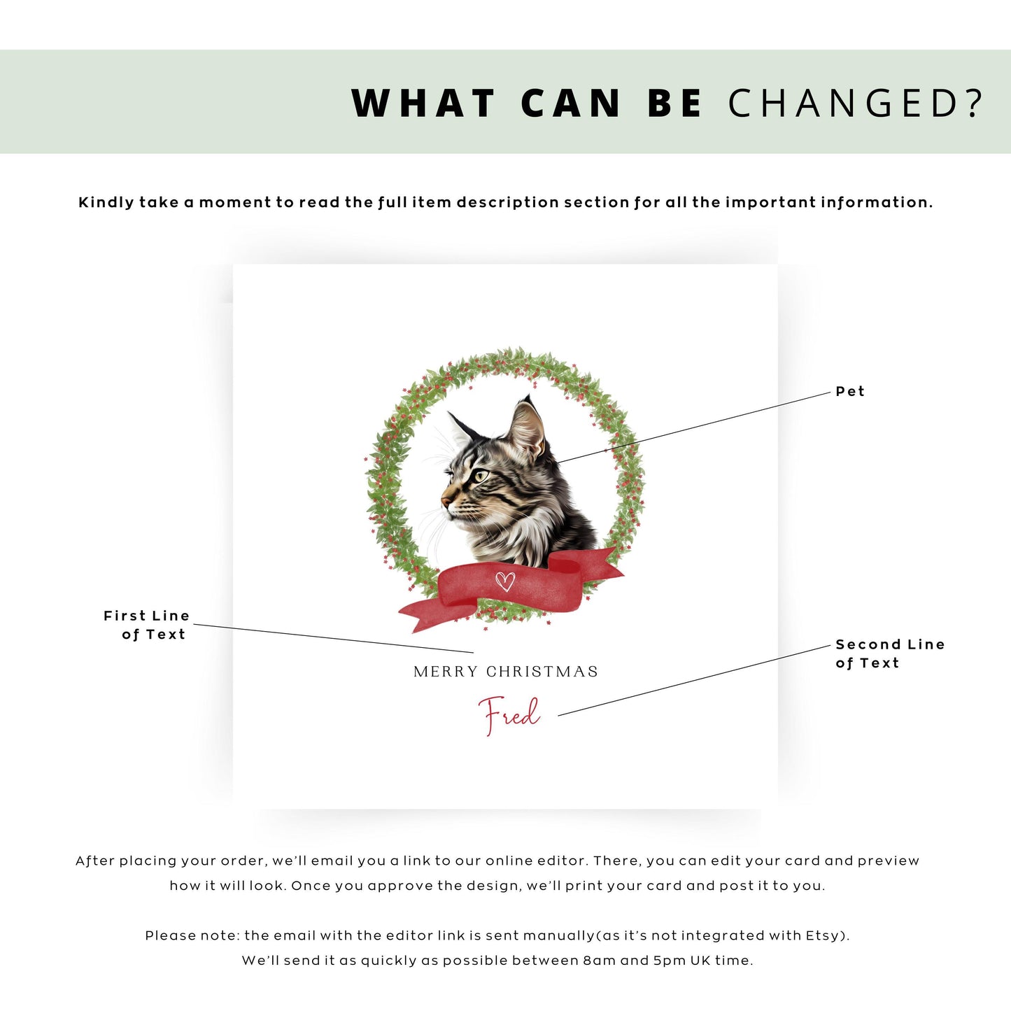 Personalised American Bobtail cat Christmas card with festive wreath and red ribbon design. Custom greeting card for cat mums, cat dads, or pet sitters.
