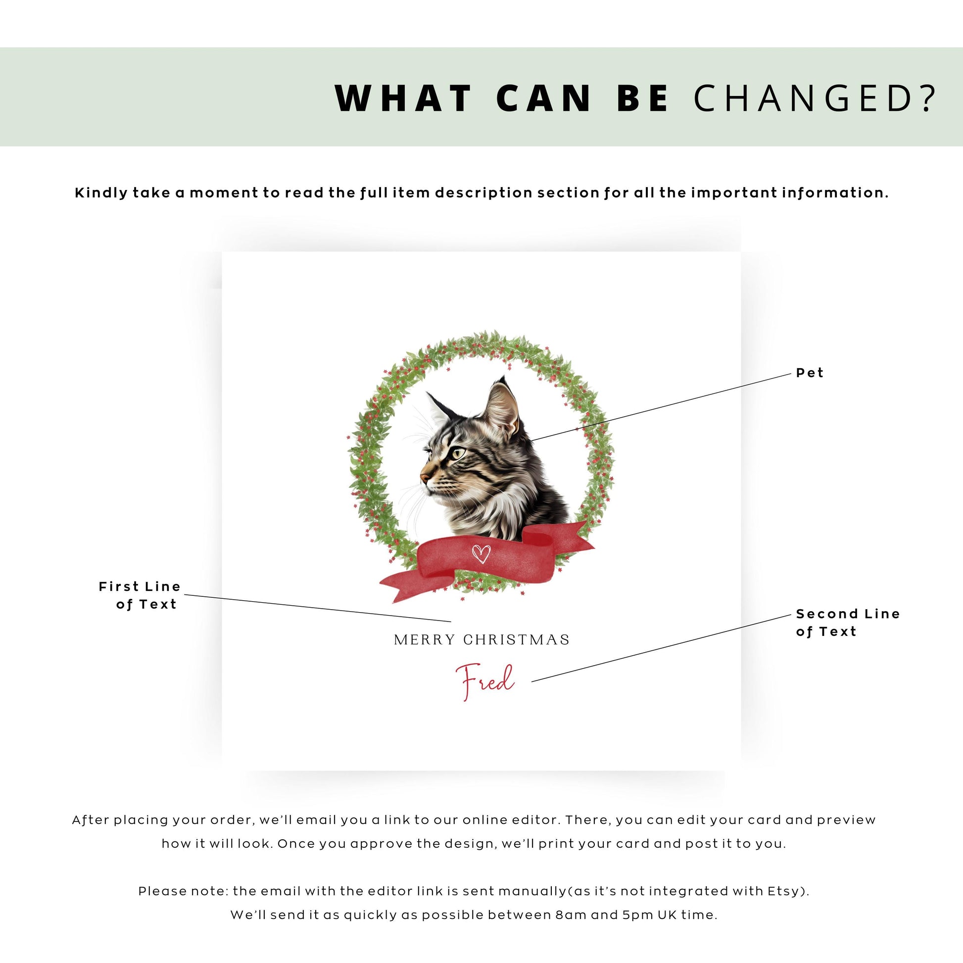 Personalised American Bobtail cat Christmas card with festive wreath and red ribbon design. Custom greeting card for cat mums, cat dads, or pet sitters.