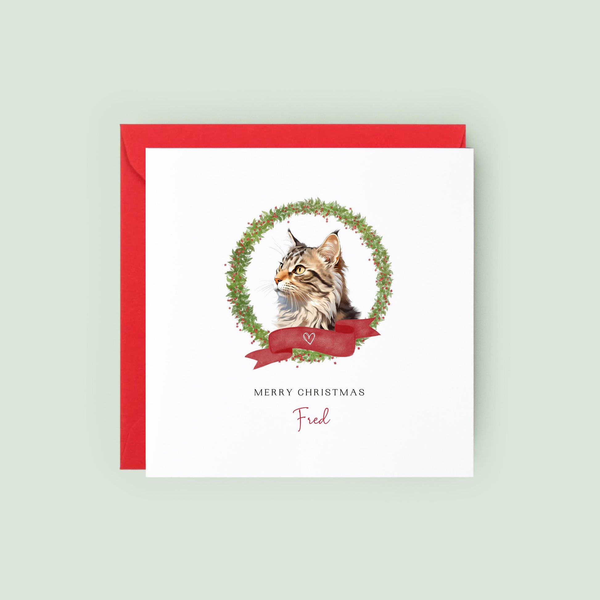 Personalised American Bobtail cat Christmas card with festive wreath and red ribbon design. Custom greeting card for cat mums, cat dads, or pet sitters.