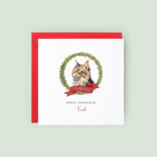 Personalised American Bobtail cat Christmas card with festive wreath and red ribbon design. Custom greeting card for cat mums, cat dads, or pet sitters.