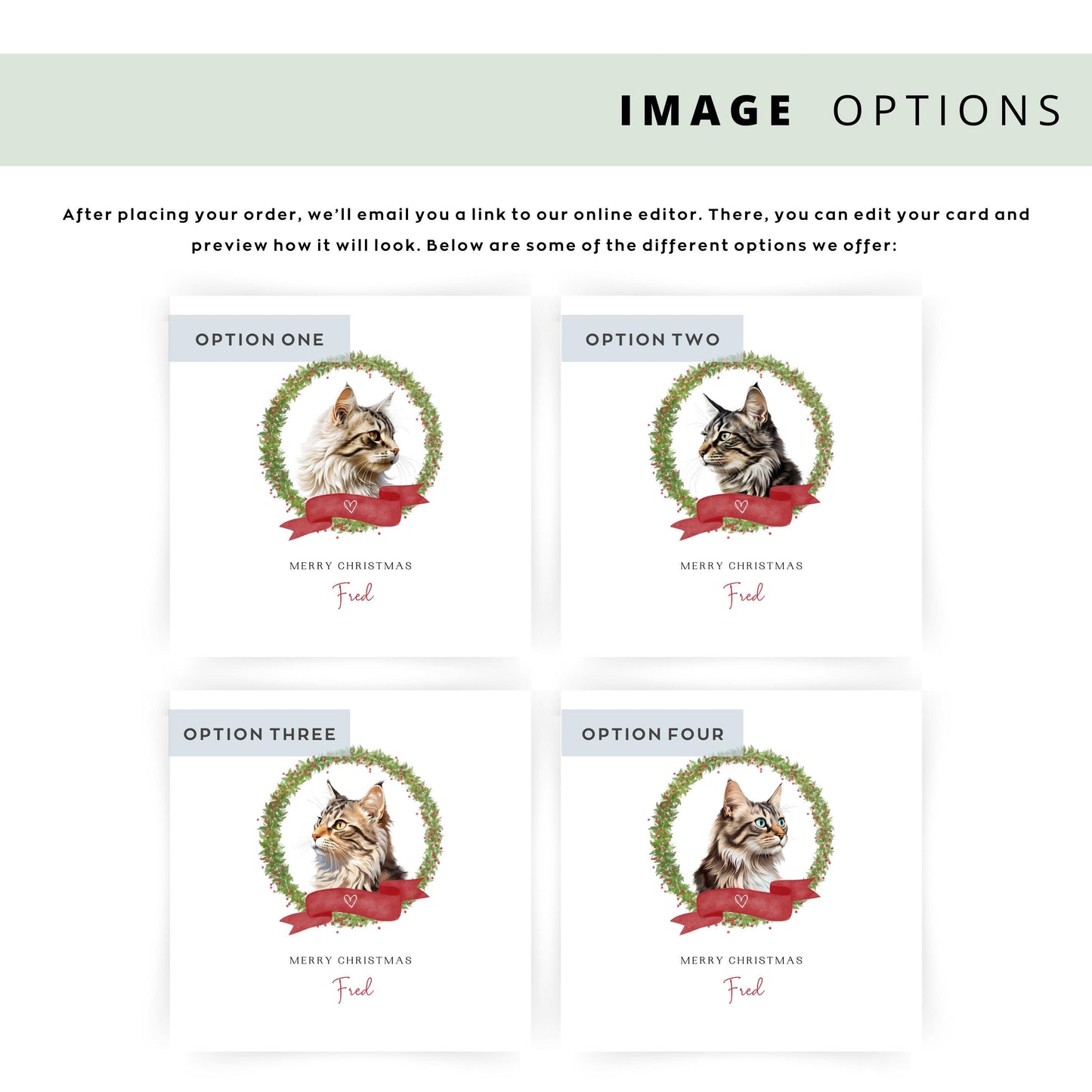 Personalised American Bobtail cat Christmas card with festive wreath and red ribbon design. Custom greeting card for cat mums, cat dads, or pet sitters.