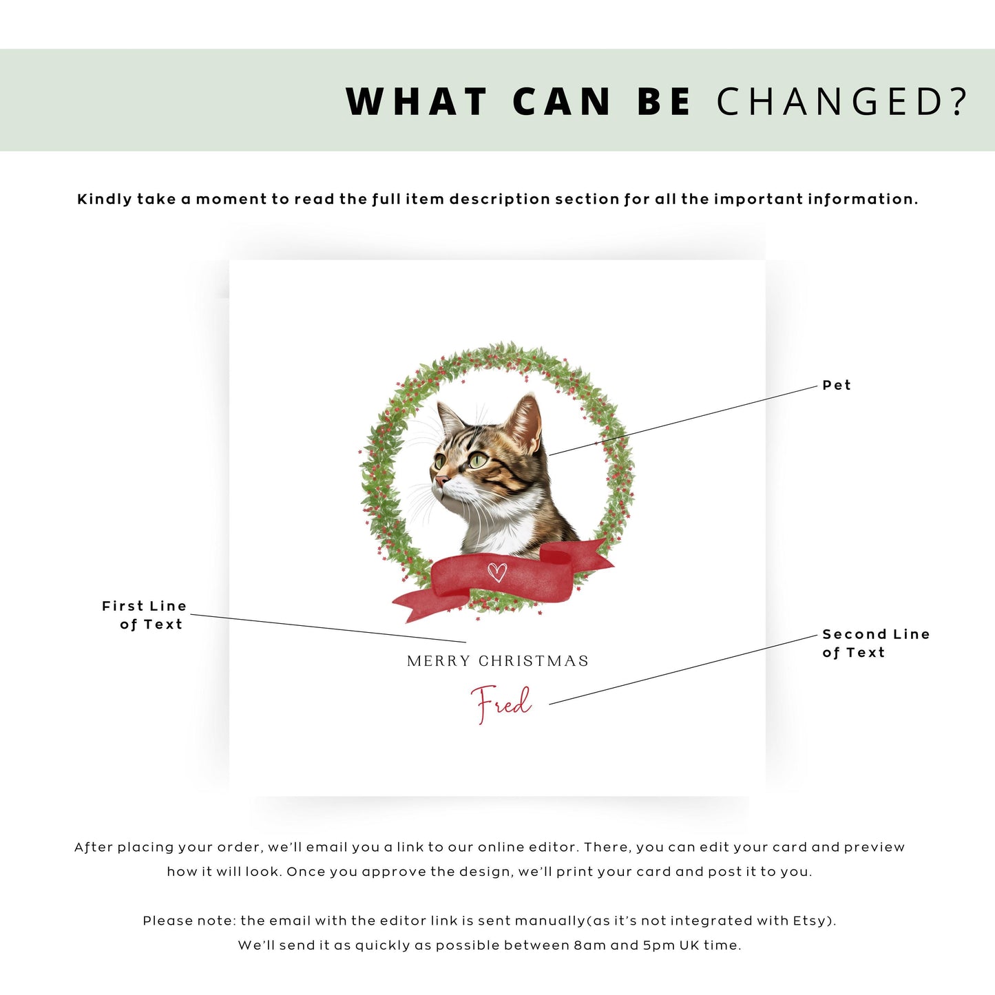 Personalised American Wirehair cat Christmas card with festive design. Custom holiday card for Cat Mum, Cat Dad, or a cat sitter.