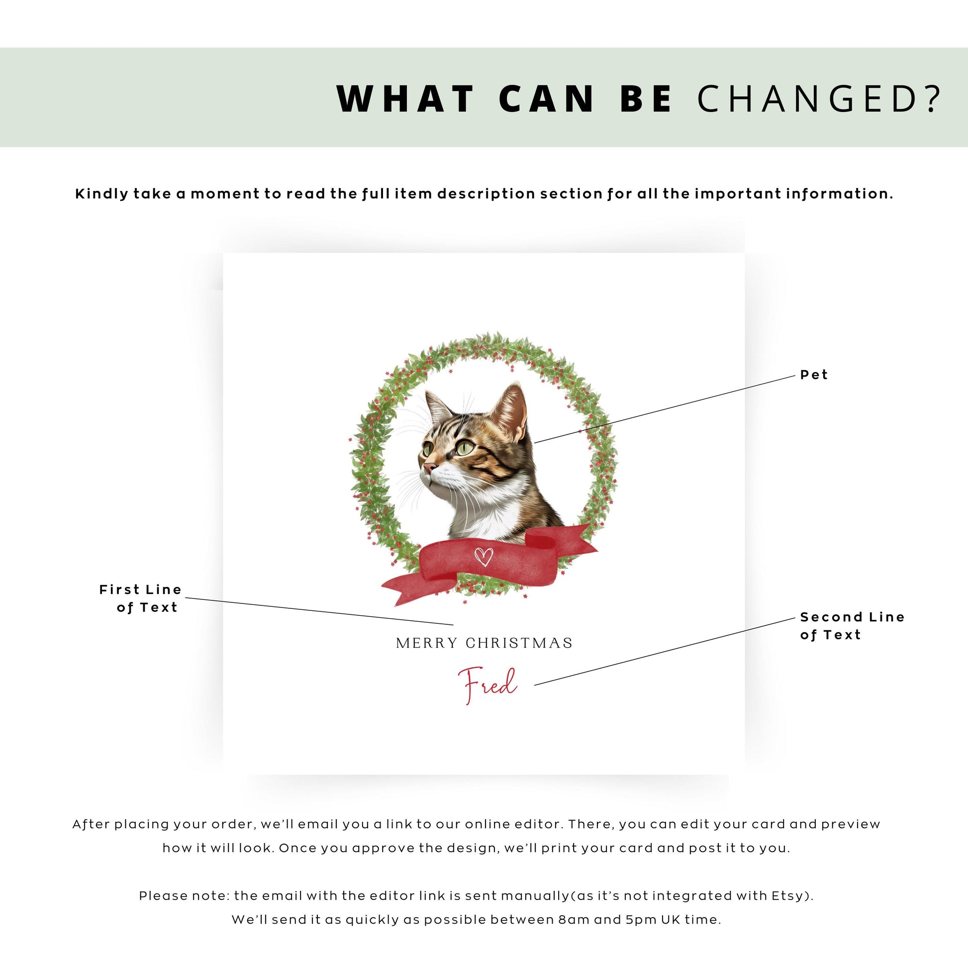 Personalised American Wirehair cat Christmas card with festive design. Custom holiday card for Cat Mum, Cat Dad, or a cat sitter.