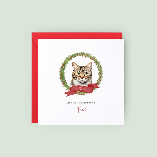 Personalised American Wirehair cat Christmas card with festive design. Custom holiday card for Cat Mum, Cat Dad, or a cat sitter.