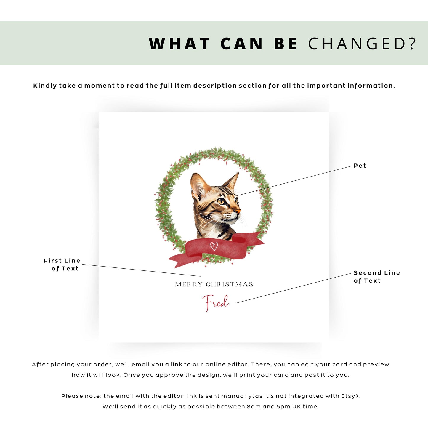 Personalised Arabian Mau cat Christmas card with festive wreath. Holiday greeting card for Cat Mum, Cat Dad, or a cat sitter.