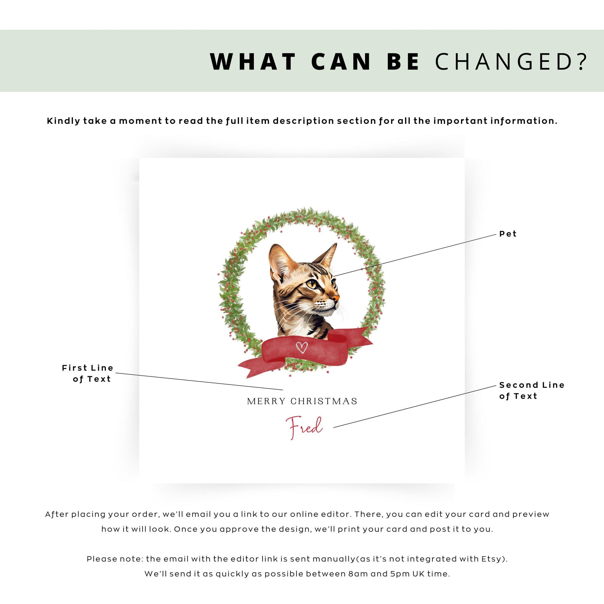 Personalised Arabian Mau cat Christmas card with festive wreath. Holiday greeting card for Cat Mum, Cat Dad, or a cat sitter.