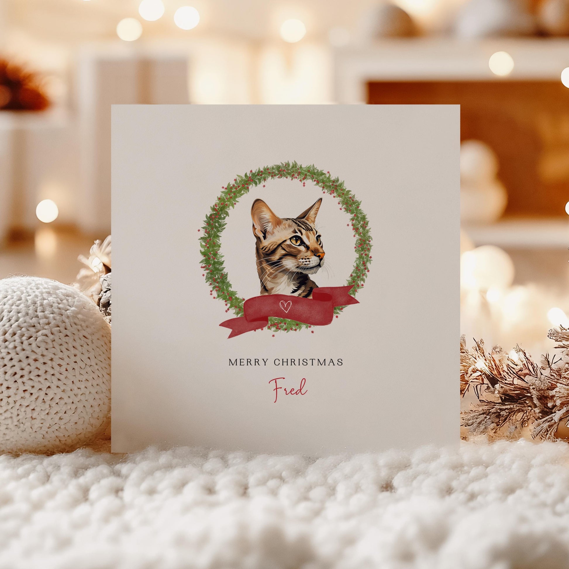 Personalised Arabian Mau cat Christmas card with festive wreath. Holiday greeting card for Cat Mum, Cat Dad, or a cat sitter.