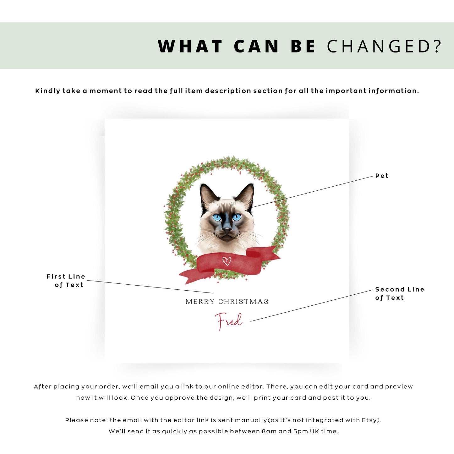 Personalised Balinese cat Christmas card with festive wreath design. Ideal holiday card for Cat Mum, Cat Dad, or a cat sitter.