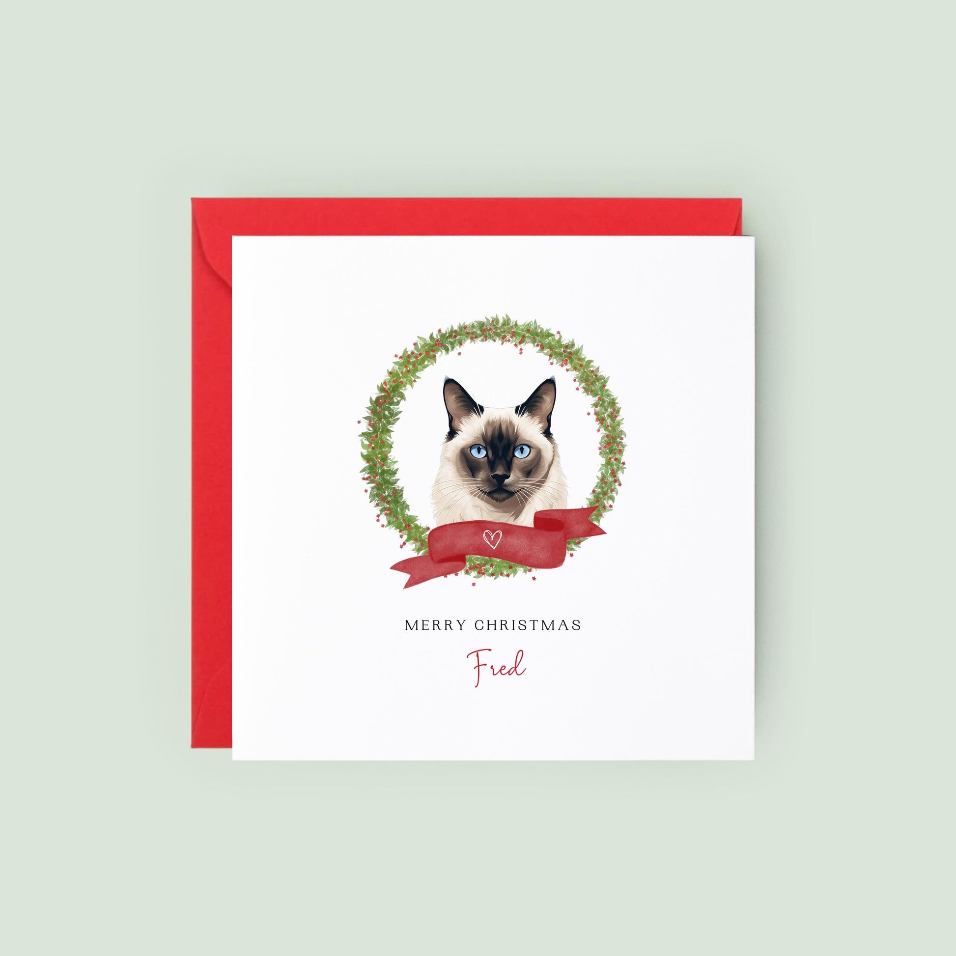 Personalised Balinese cat Christmas card with festive wreath design. Ideal holiday card for Cat Mum, Cat Dad, or a cat sitter.