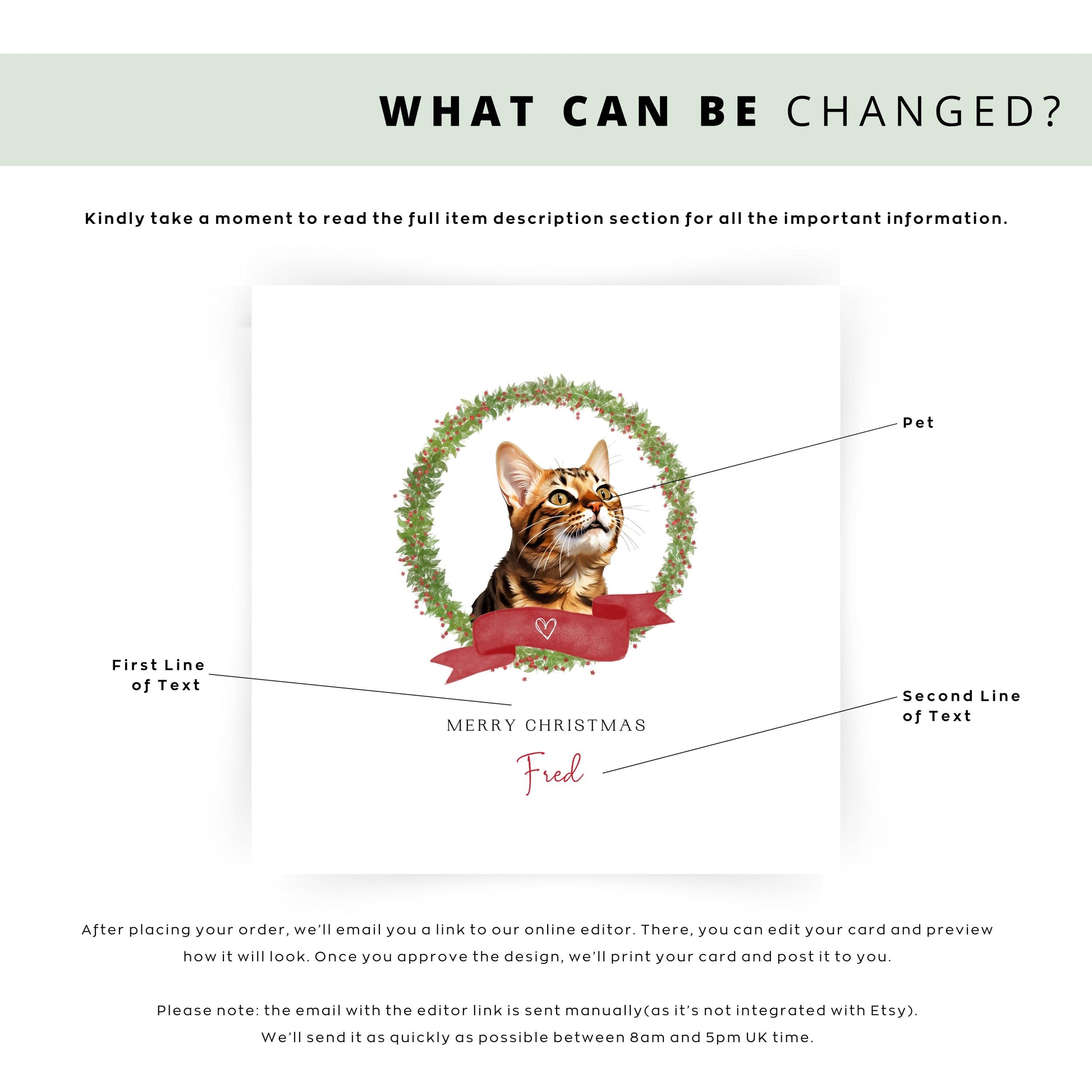 Personalised Bengal cat Christmas card with festive wreath design. Ideal card for Cat Mum, Cat Dad, or cat sitter. From the cat.