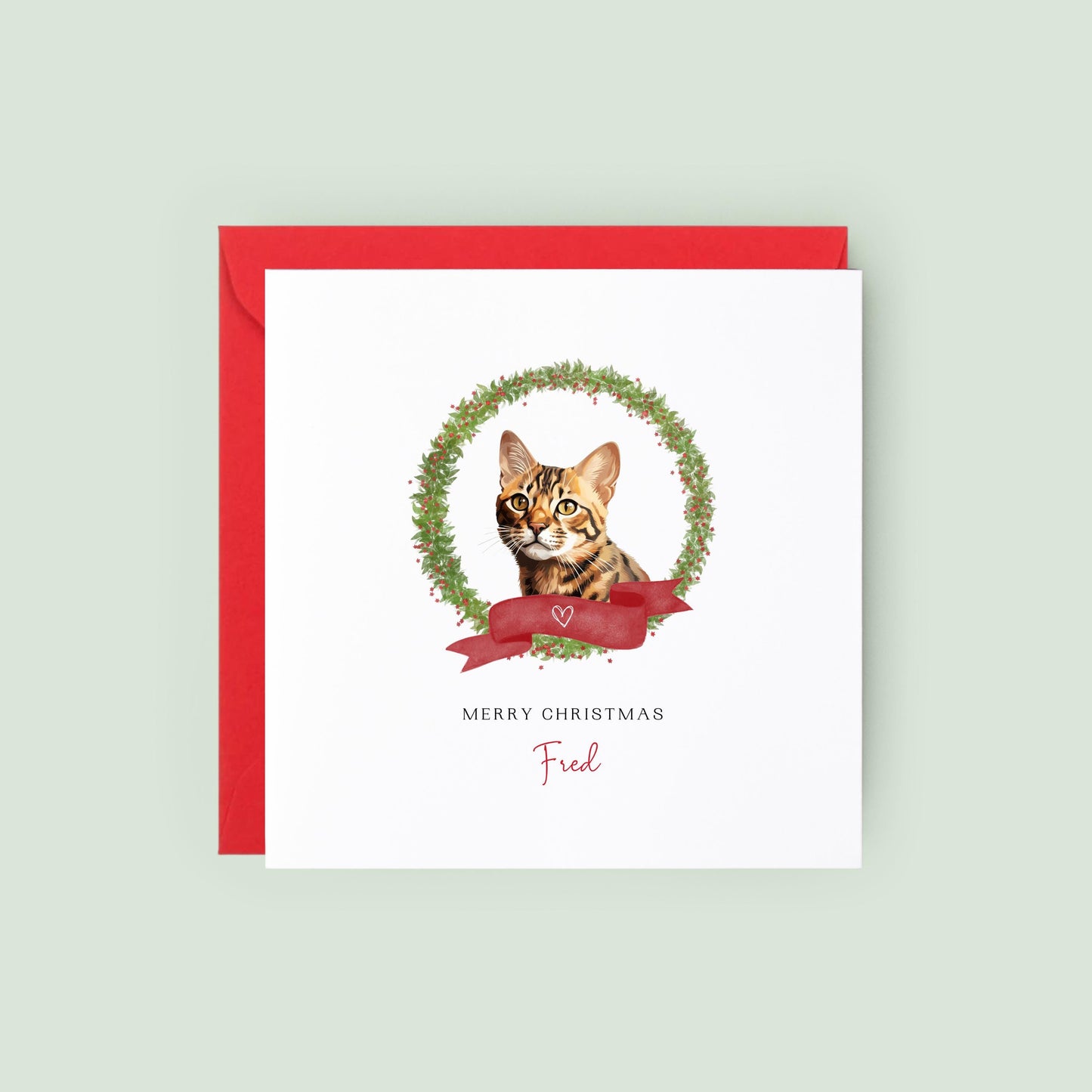 Personalised Bengal cat Christmas card with festive wreath design. Ideal card for Cat Mum, Cat Dad, or cat sitter. From the cat.