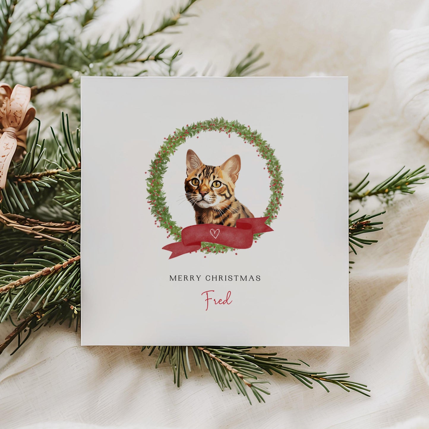 Personalised Bengal cat Christmas card with festive wreath design. Ideal card for Cat Mum, Cat Dad, or cat sitter. From the cat.