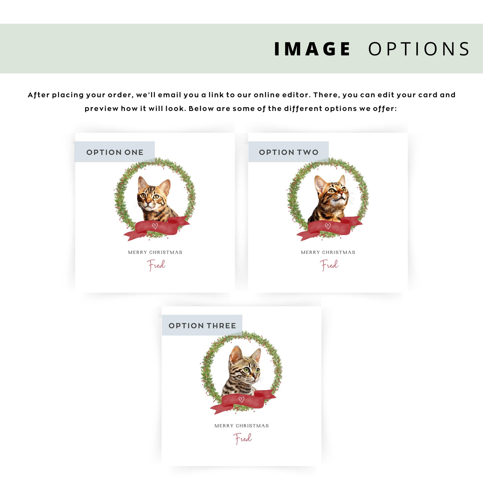 Personalised Bengal cat Christmas card with festive wreath design. Ideal card for Cat Mum, Cat Dad, or cat sitter. From the cat.