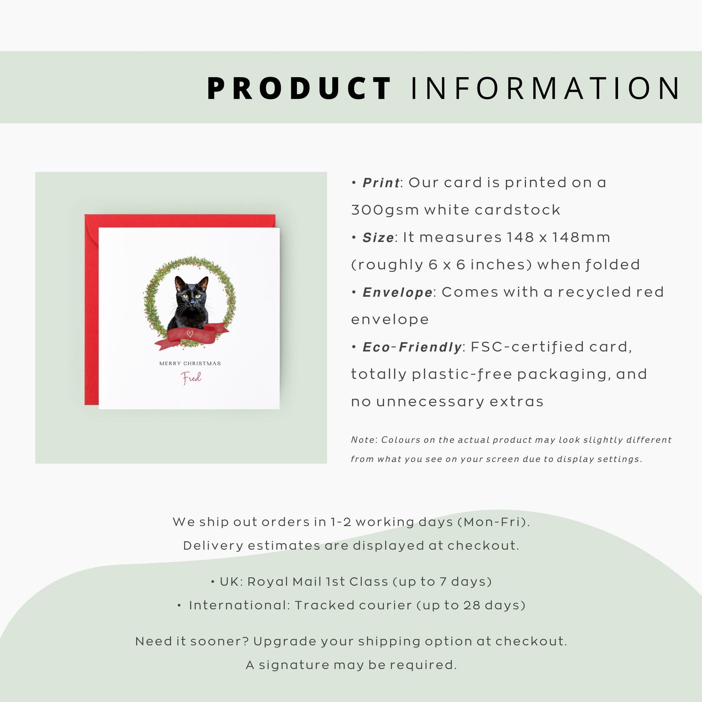 Personalised Bombay Black Cat Christmas card with festive design. Ideal gift or greeting from the cat to Cat Mum, Dad, or Sitter.