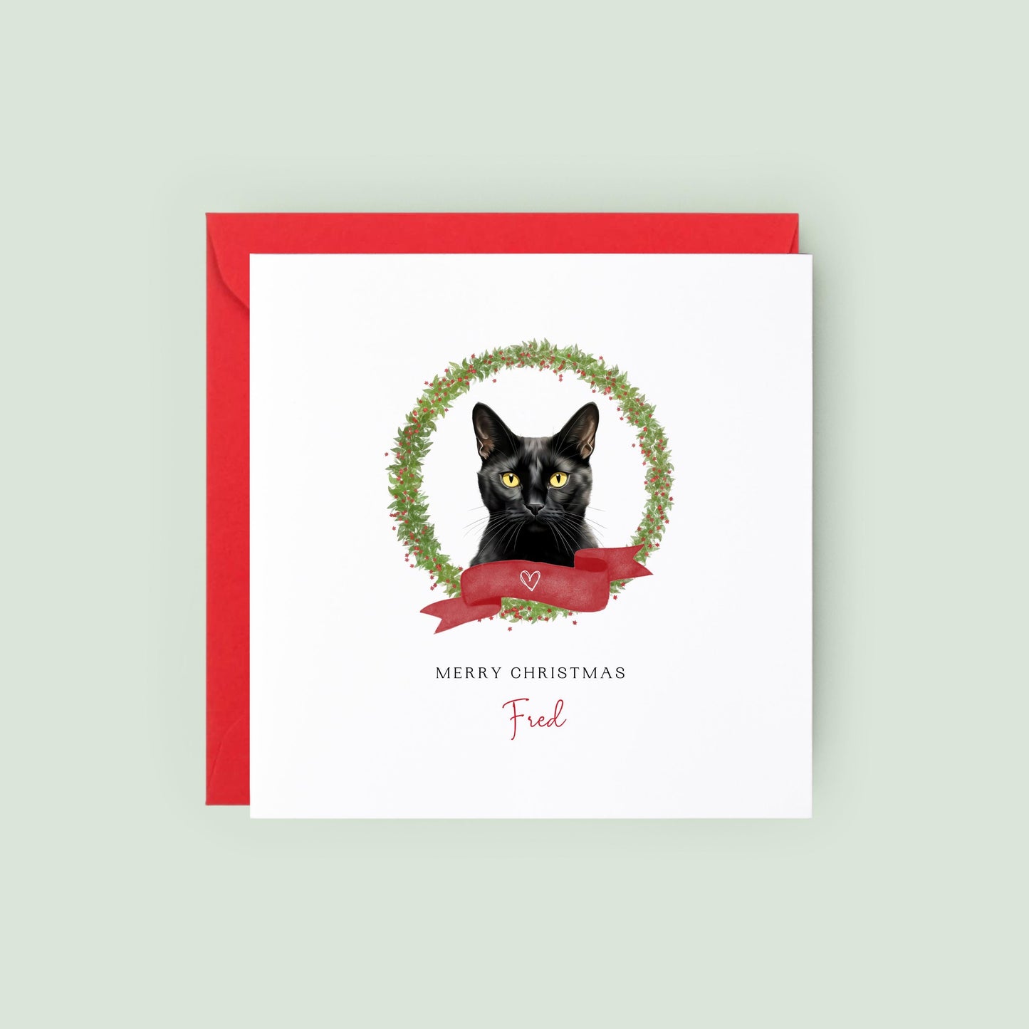 Personalised Bombay Black Cat Christmas card with festive design. Ideal gift or greeting from the cat to Cat Mum, Dad, or Sitter.