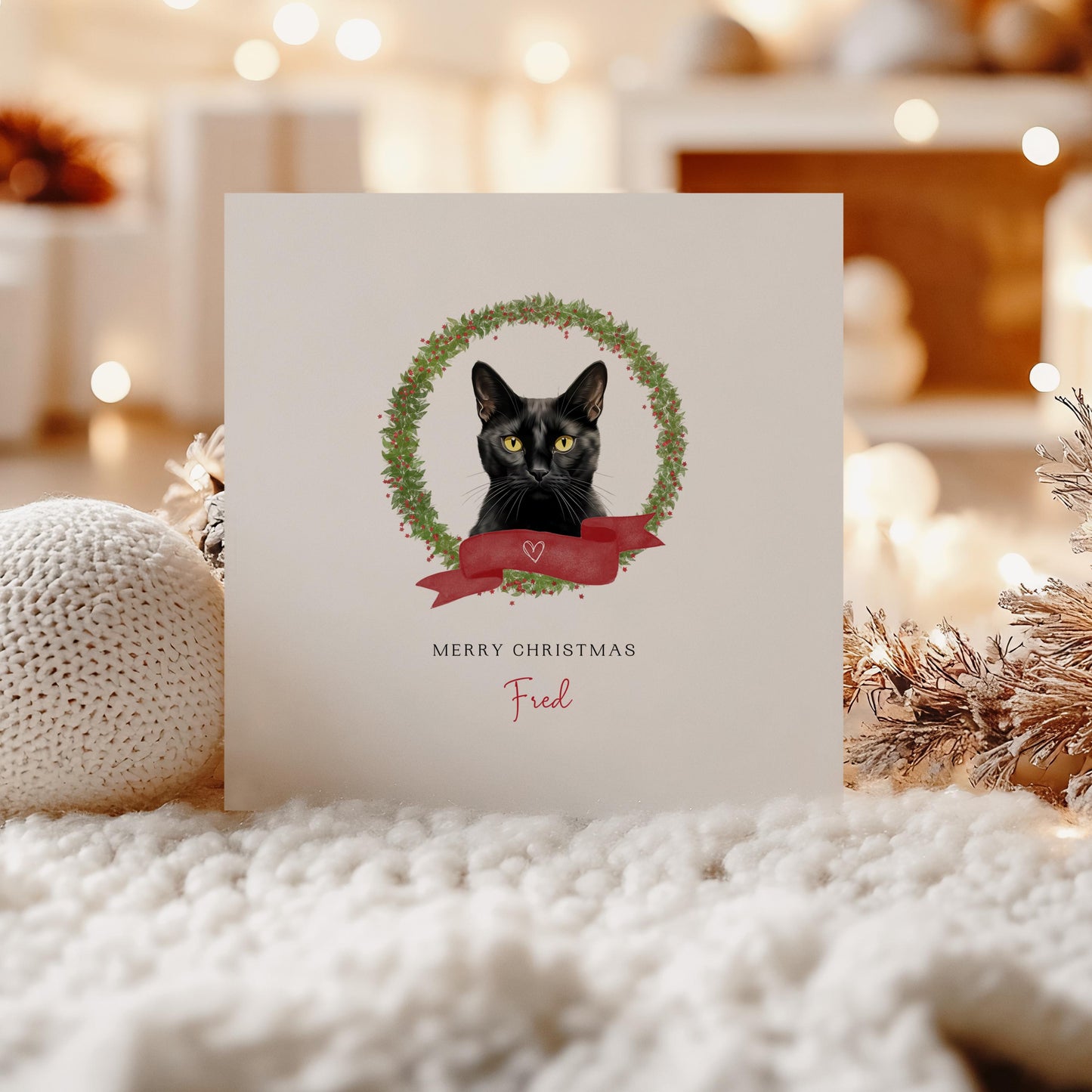 Personalised Bombay Black Cat Christmas card with festive design. Ideal gift or greeting from the cat to Cat Mum, Dad, or Sitter.