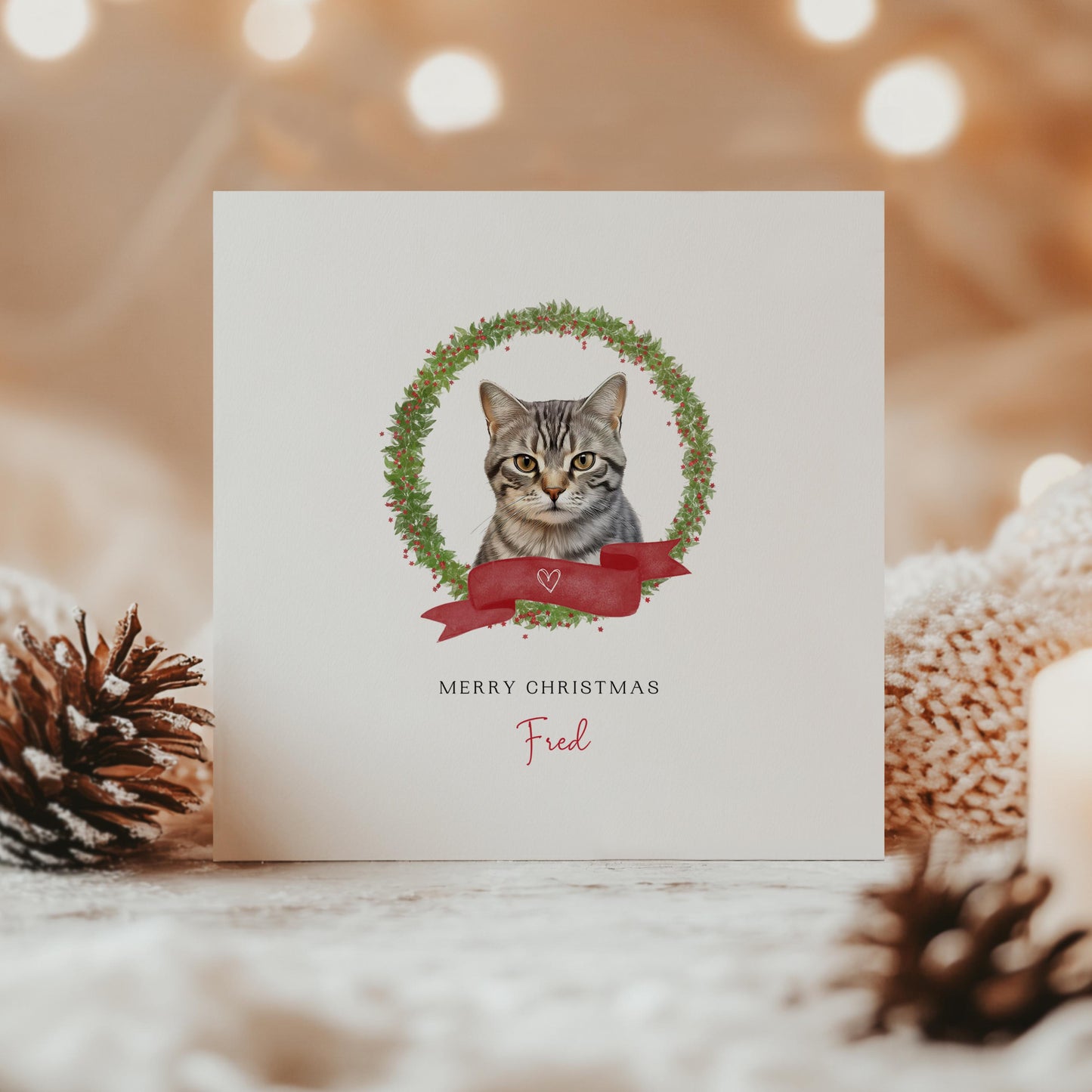 Personalised Brazilian Shorthair Cat Christmas card with festive design. Ideal gift or greeting from the cat to Cat Mum, Dad, or Sitter.