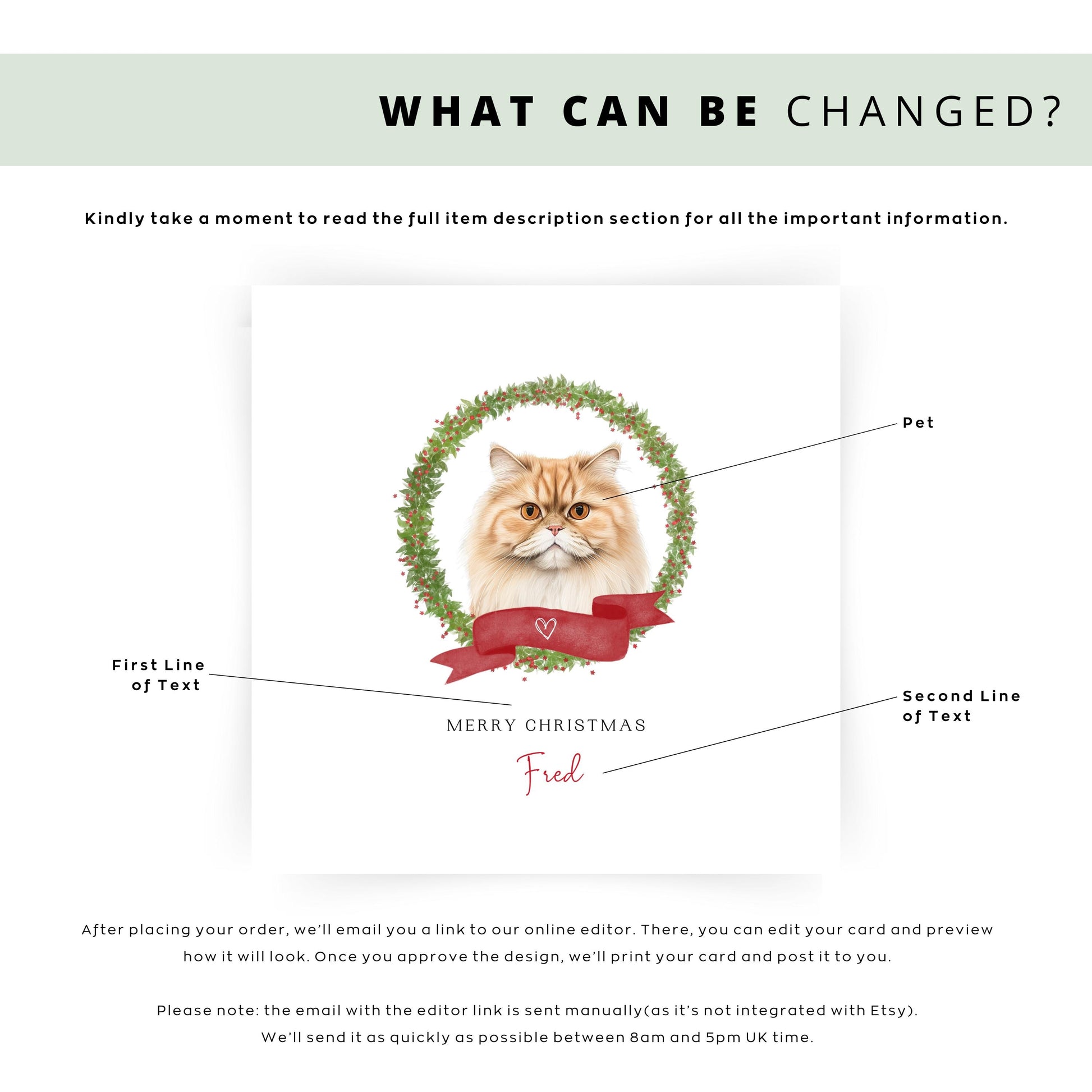 Personalised British Longhair cat Christmas card with festive wreath design. Ideal holiday card for Cat Mum, Cat Dad, or a cat sitter.