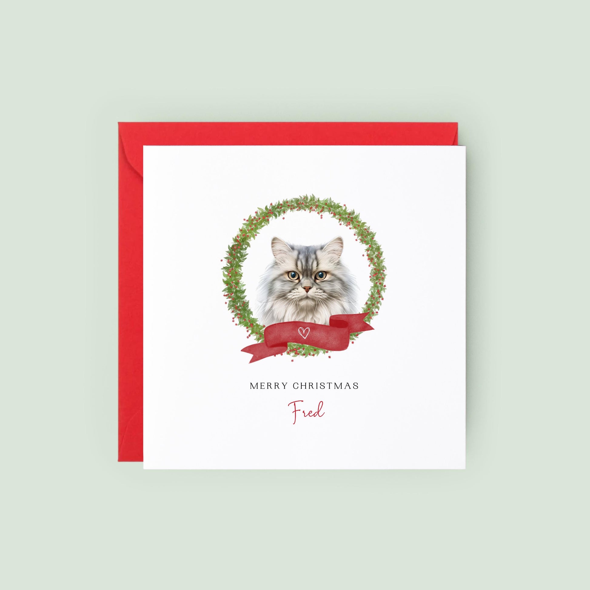 Personalised British Longhair cat Christmas card with festive wreath design. Ideal holiday card for Cat Mum, Cat Dad, or a cat sitter.