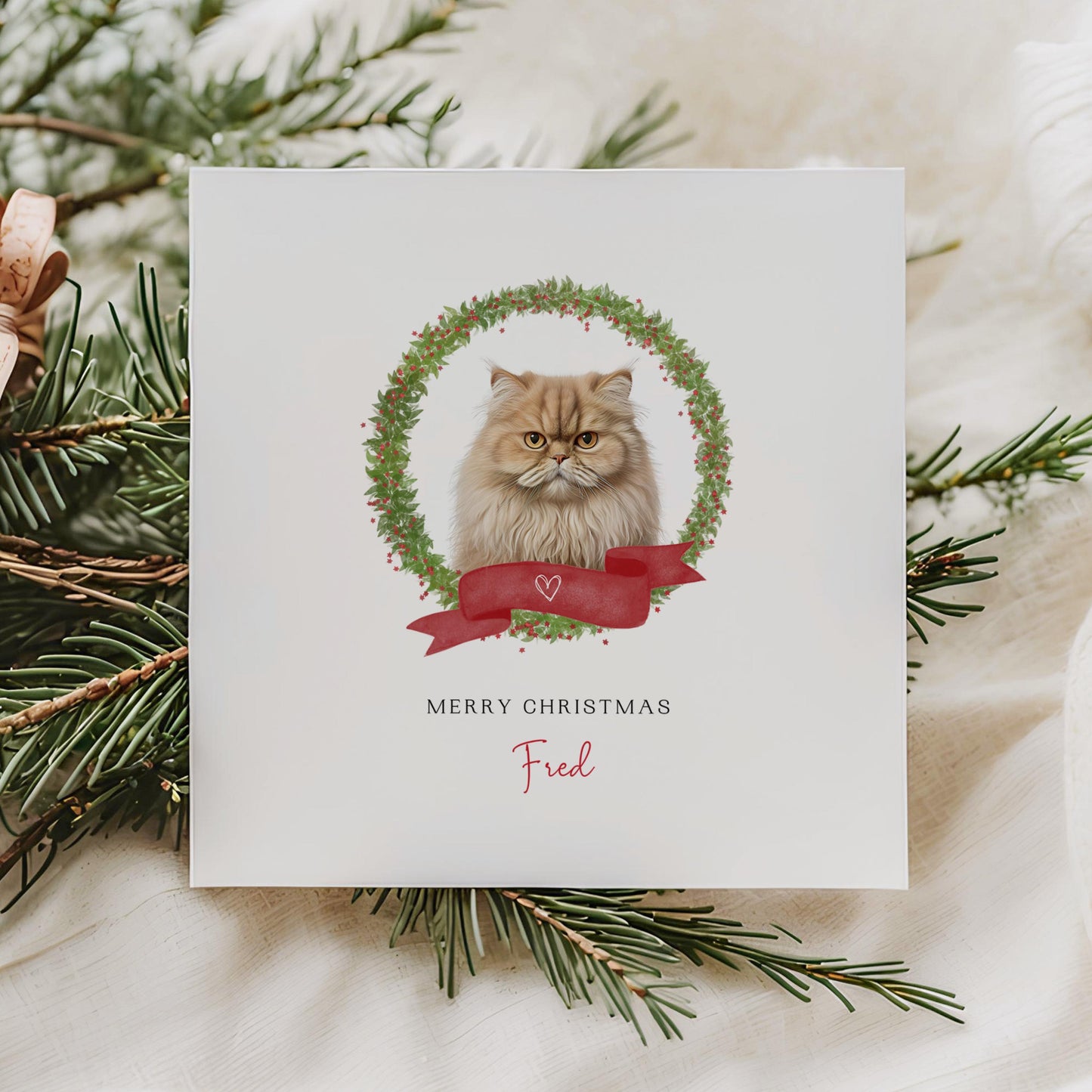 Personalised British Longhair cat Christmas card with festive wreath design. Ideal holiday card for Cat Mum, Cat Dad, or a cat sitter.