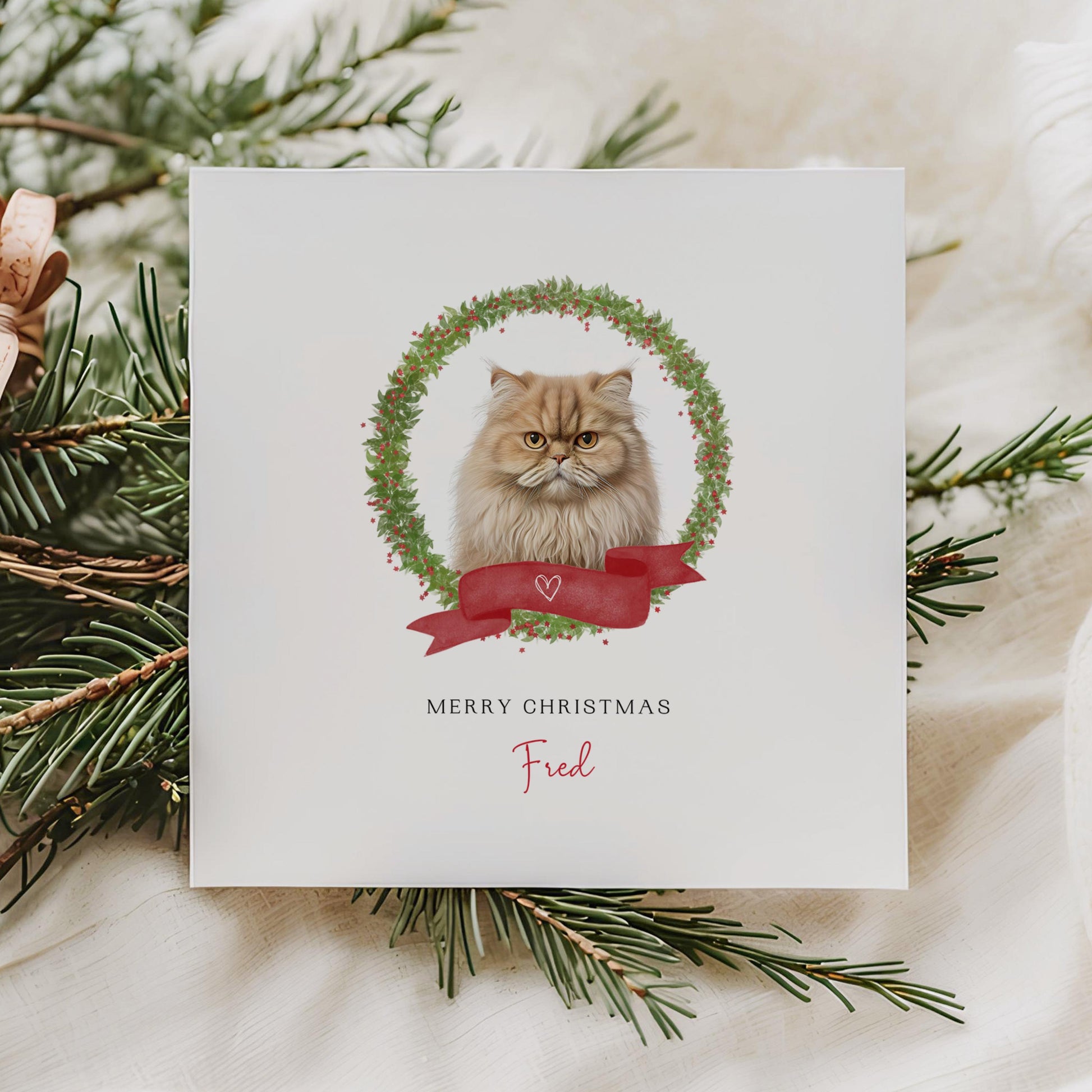Personalised British Longhair cat Christmas card with festive wreath design. Ideal holiday card for Cat Mum, Cat Dad, or a cat sitter.