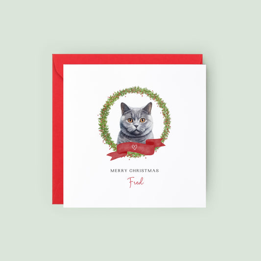 Personalised British Shorthair cat Christmas card with festive wreath design. Ideal holiday card for Cat Mum, Cat Dad, or a cat sitter.